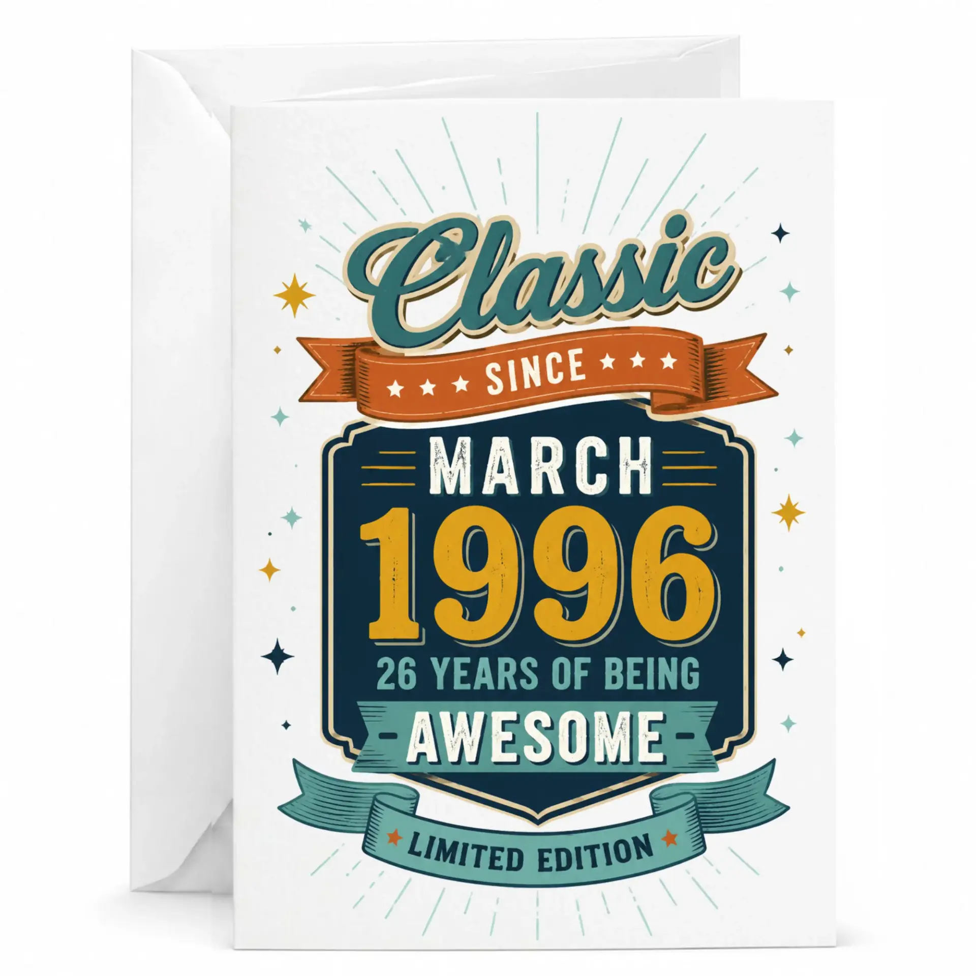 Birthday Greeting Card Classic Since March 1996 26 Years of Being Awesome Vintage Style Design for Milestone Celebrations