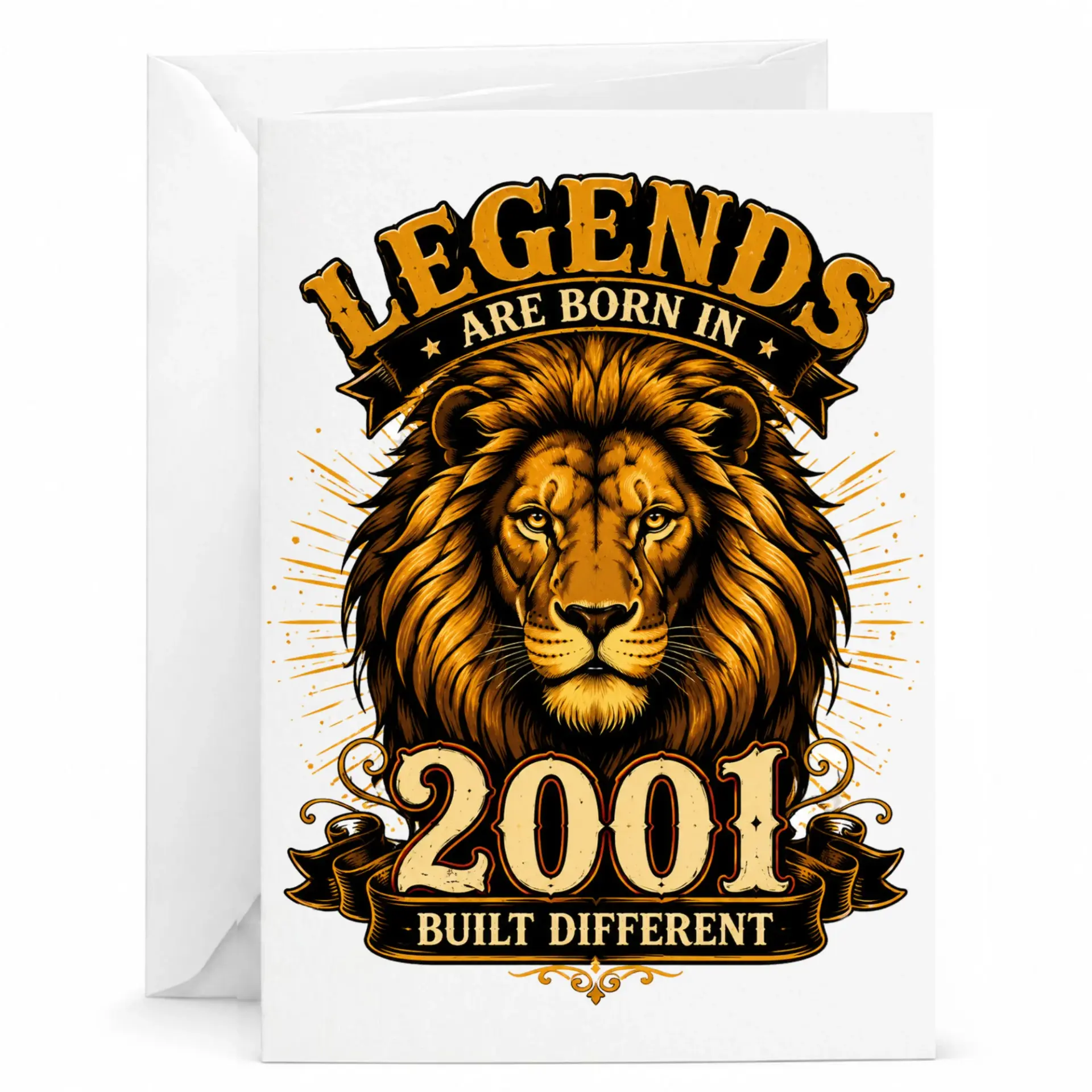 Birthday Card Legends Are Born in 2001 Built Different Lion Illustration Printed Greeting Card with Envelope