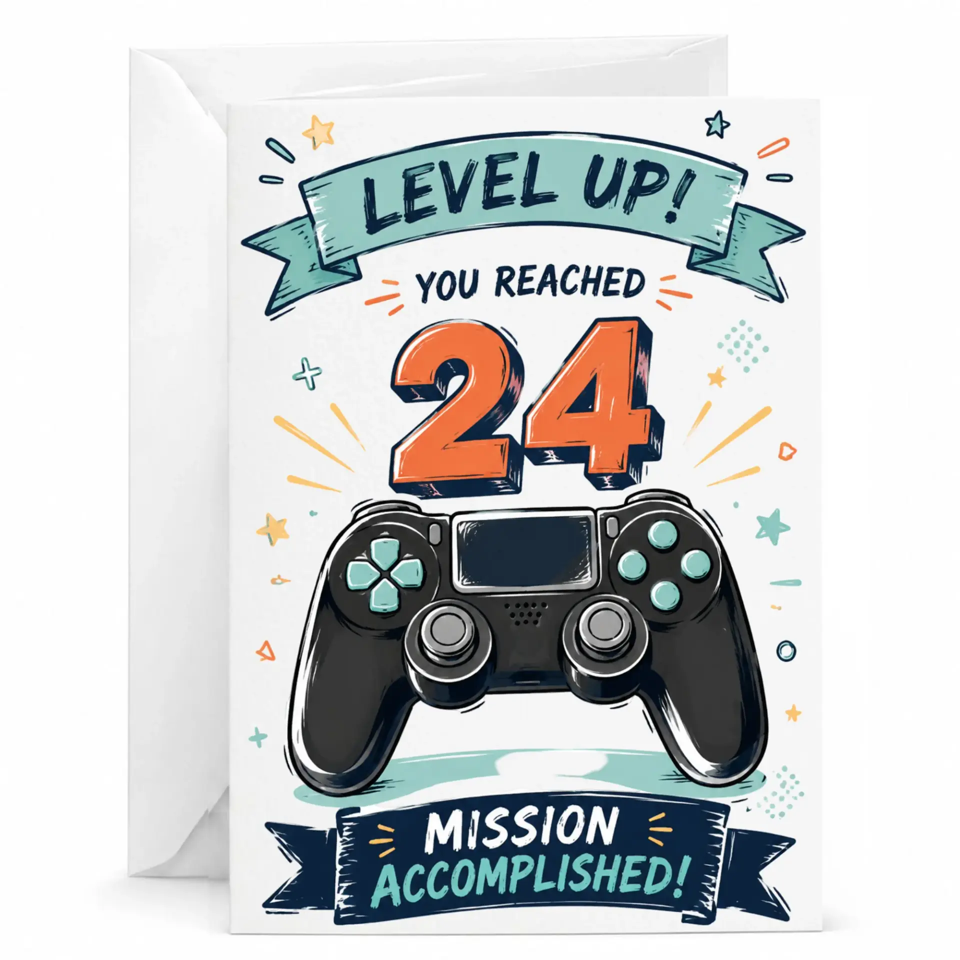 Birthday Card Level up 24th Birthday Gaming Theme Greeting Card for Video Game Enthusiast with Matching White Envelope