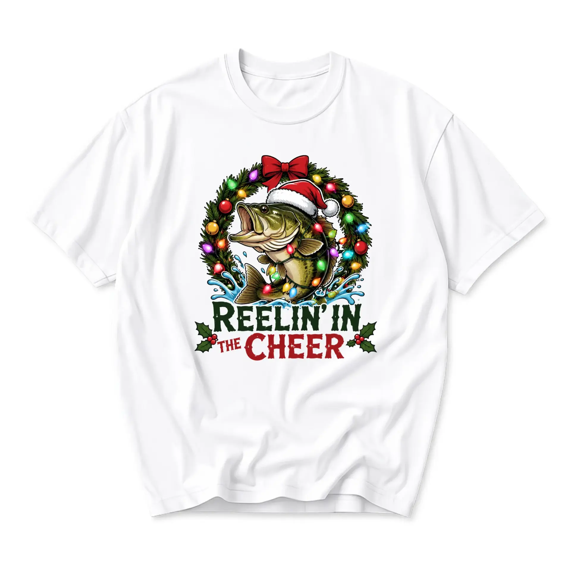 Funny Shirt Reelin in the Cheer Bass Fish Graphic Tee Holiday Fishing Lover Apparel Unisex Short Sleeve Crew Neck Top