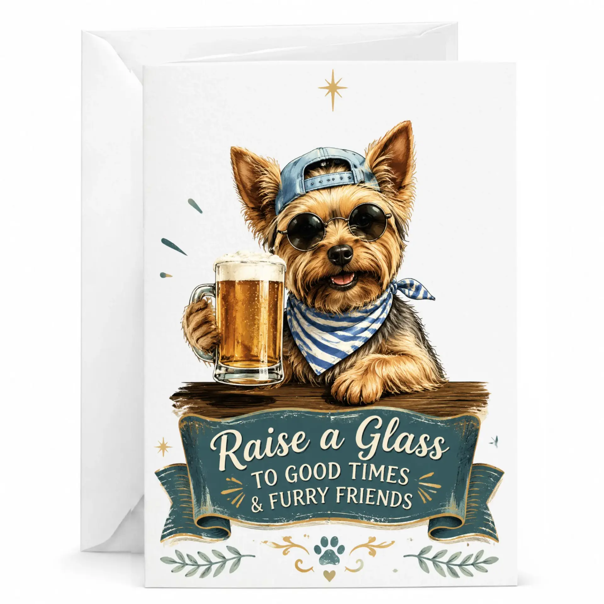 Funny Dog Birthday Card Featuring Yorkie with Beer Mug and Sunglasses Cute Animal Greeting for All Occasions
