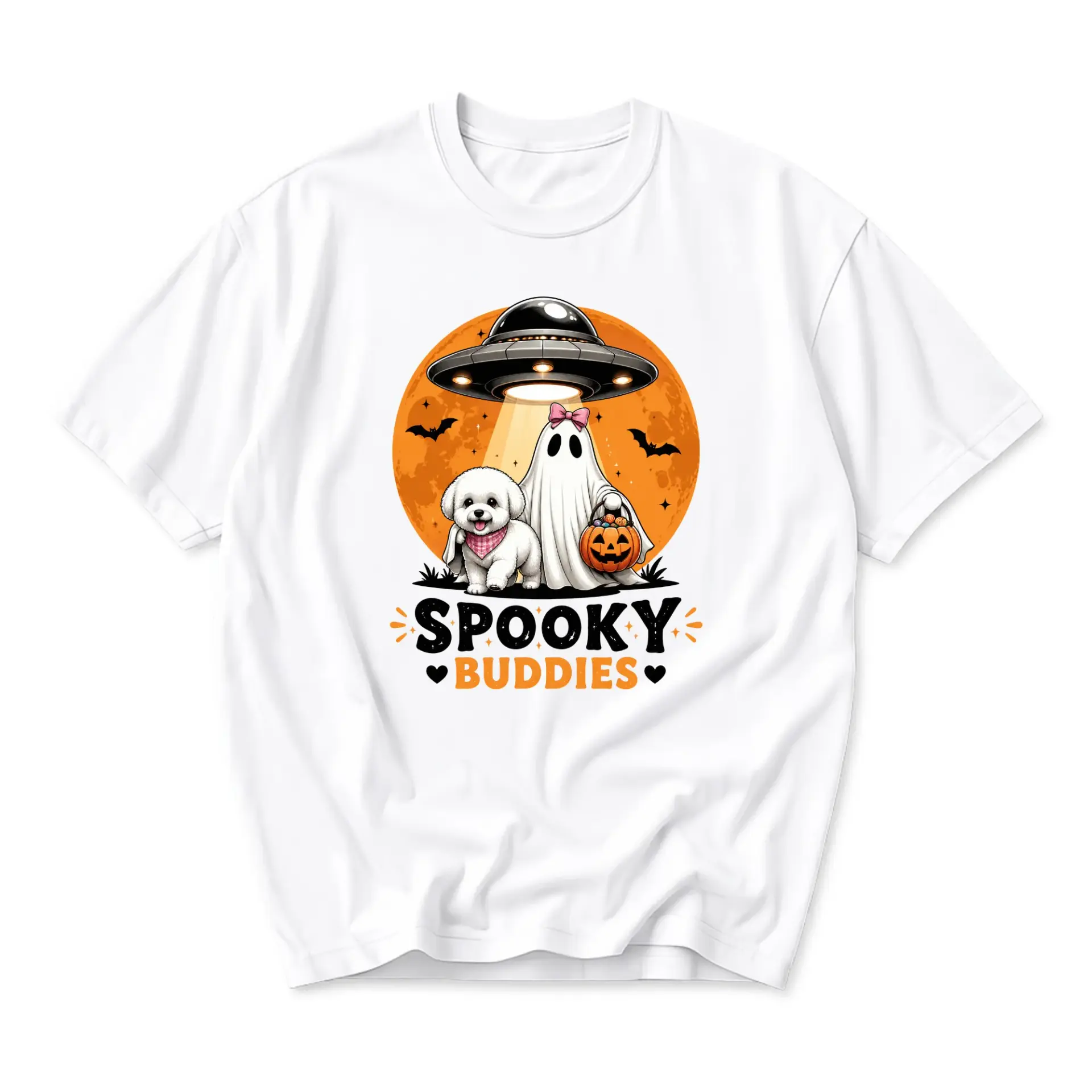 Graphic Tee Spooky Buddies Halloween Shirt Cute Ghost and Puppy Unisex Crew Neck Casual Everyday Apparel White