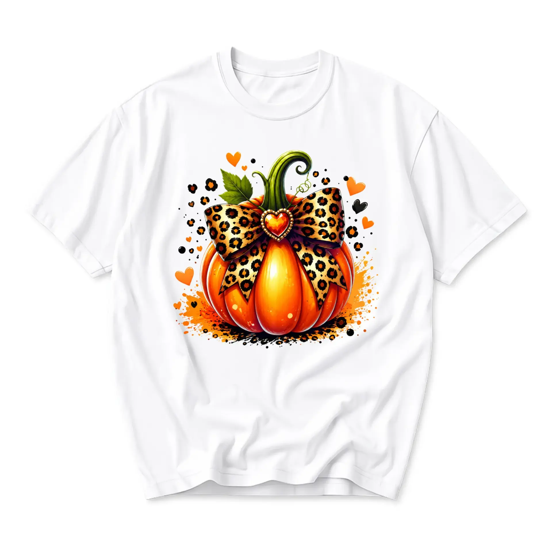 Graphic Tee Pumpkin with Leopard Print Bow Shirt Fall Season Casual Top Autumn Thanksgiving Unisex Crew Neck Apparel