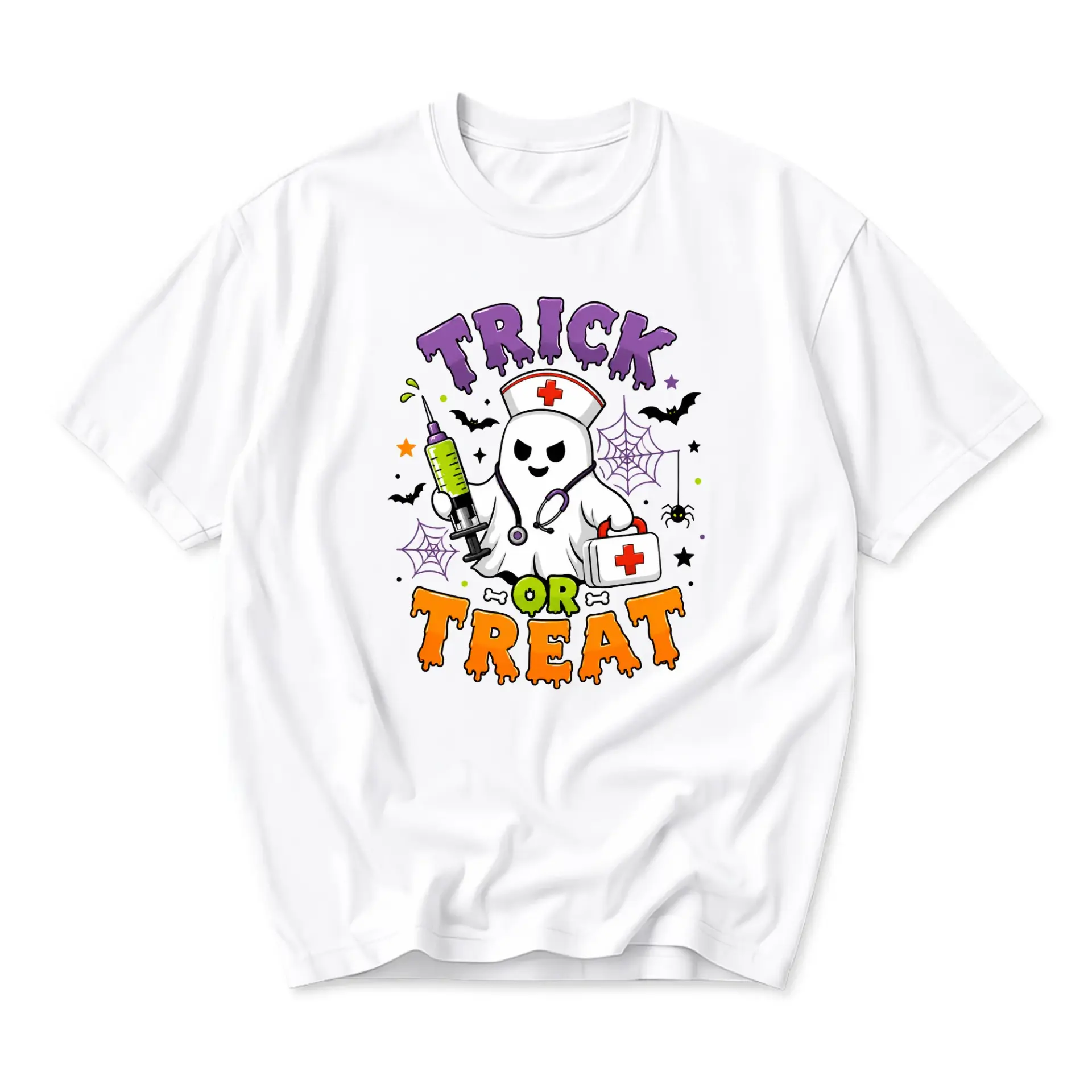 Graphic Tee Trick or Treat Nurse Ghost Costume Unisex Crew Neck Soft Cotton Blend Casual Short Sleeve Shirt Apparel