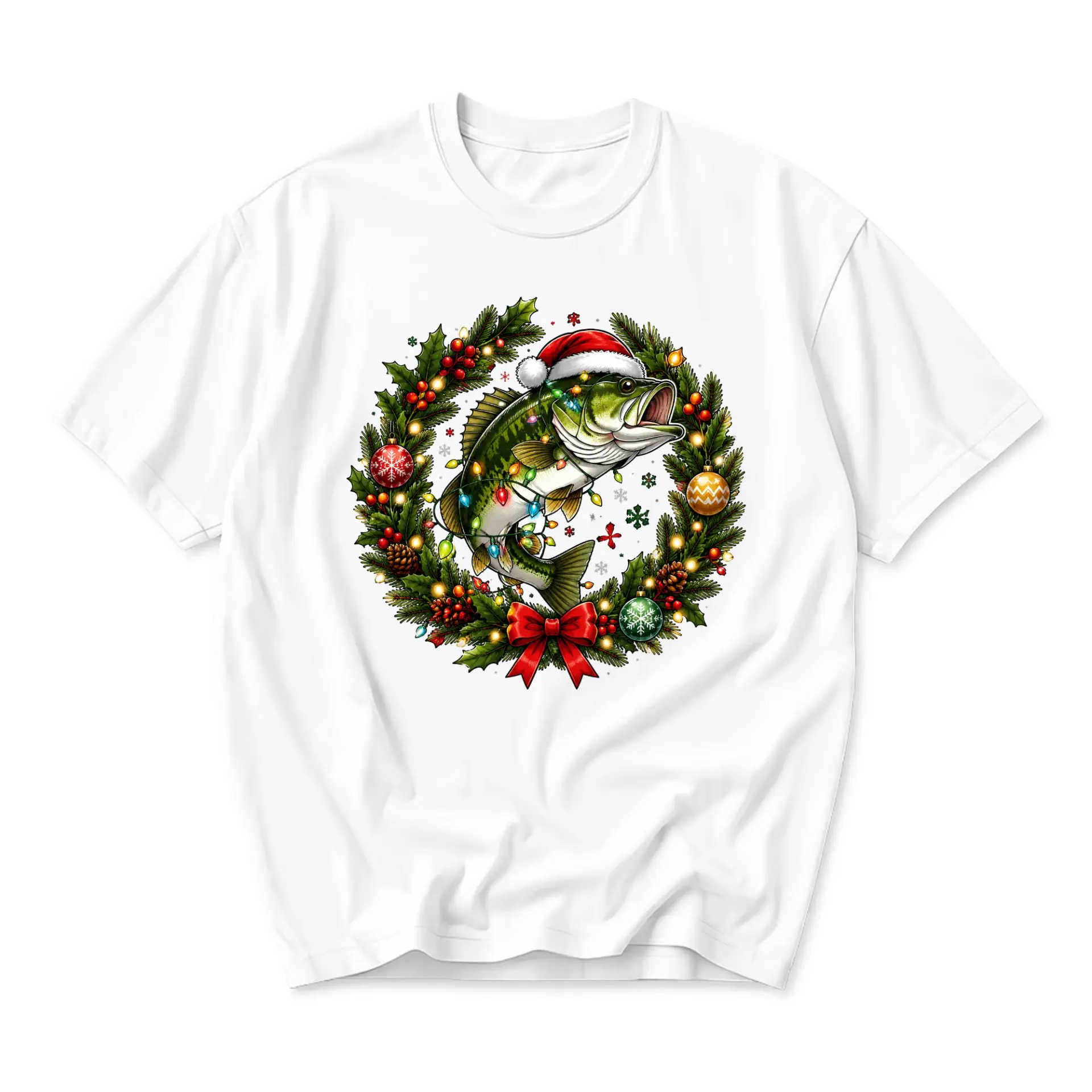 Graphic Tee Fish Christmas Wreath Illustration Unisex Crew Neck Soft Cotton