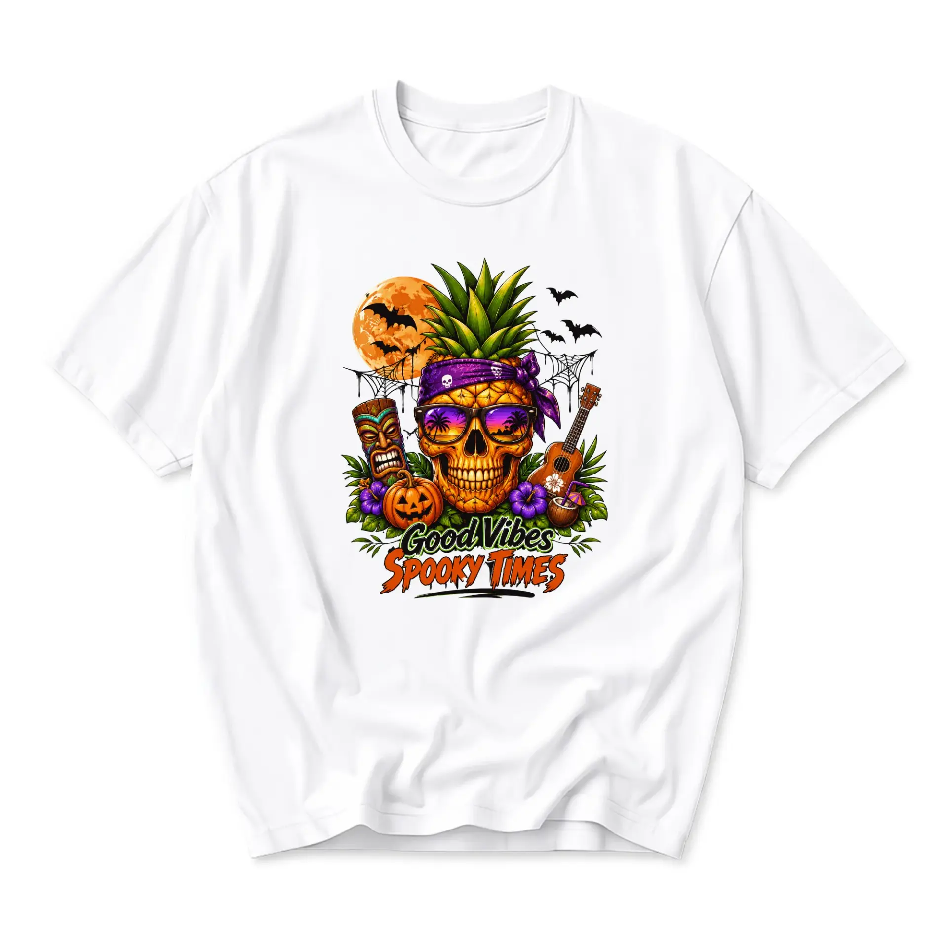 Funny Shirt Tropical Skull Graphic Tee Retro Pineapple Halloween Artwork Print Unisex Casual Crew Neck Top for Adults