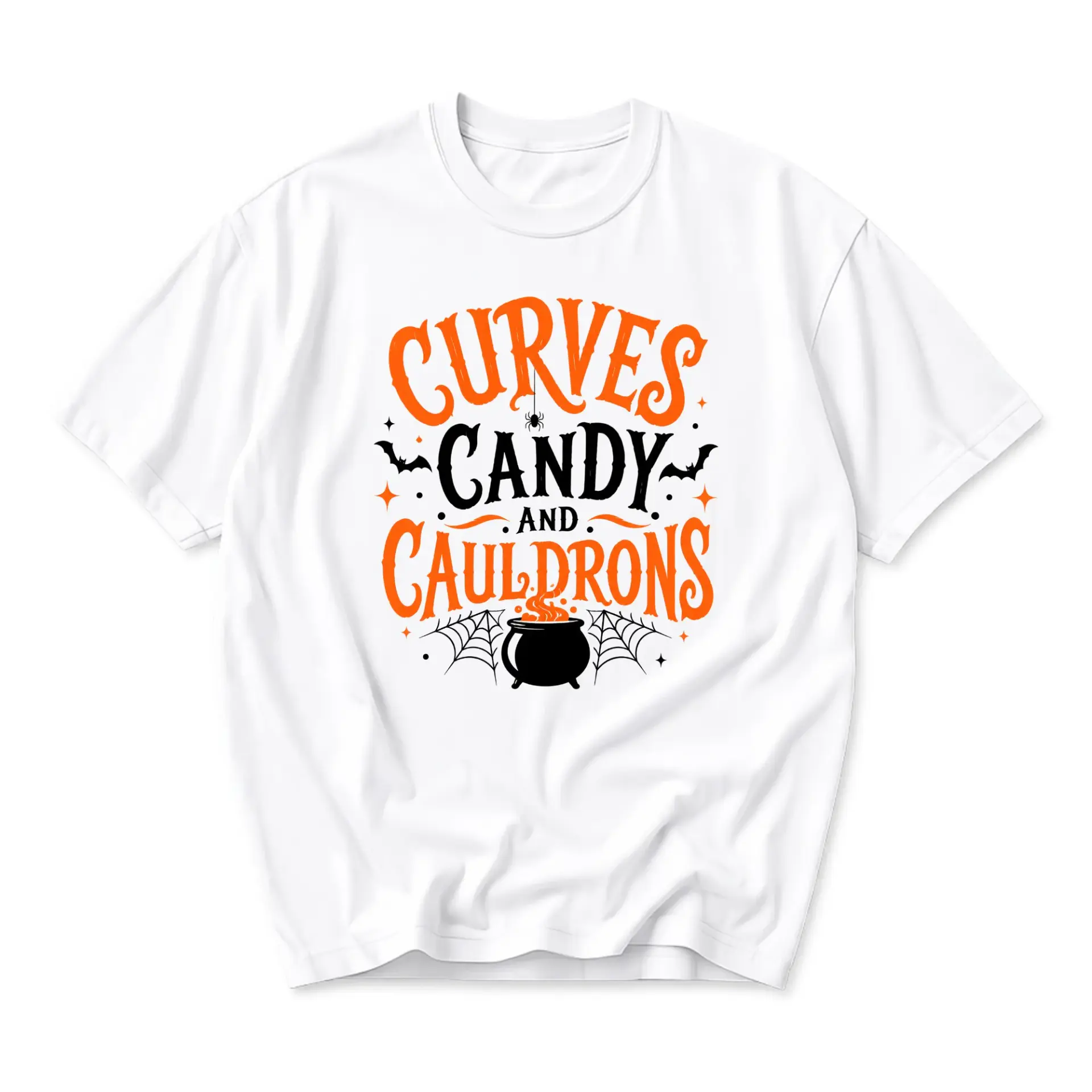Graphic Tee Curves Candy and Cauldrons Halloween Theme Unisex Crew Neck Short Sleeve Soft Cotton Casual Everyday Shirt