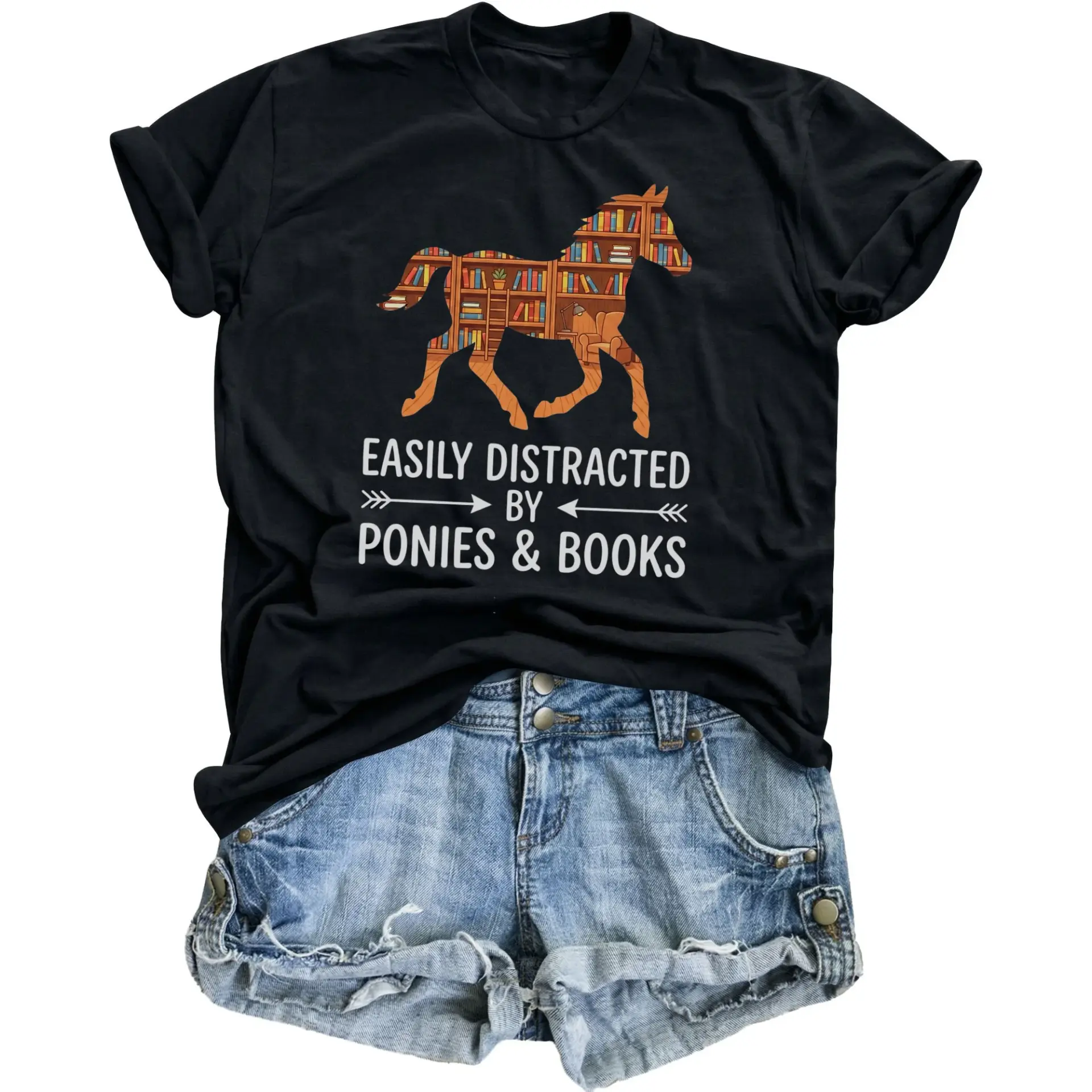 Graphic Tee Easily by Ponies and Books Reading Equestrian Lover Unisex Casual Crew Neck Printed Shirt