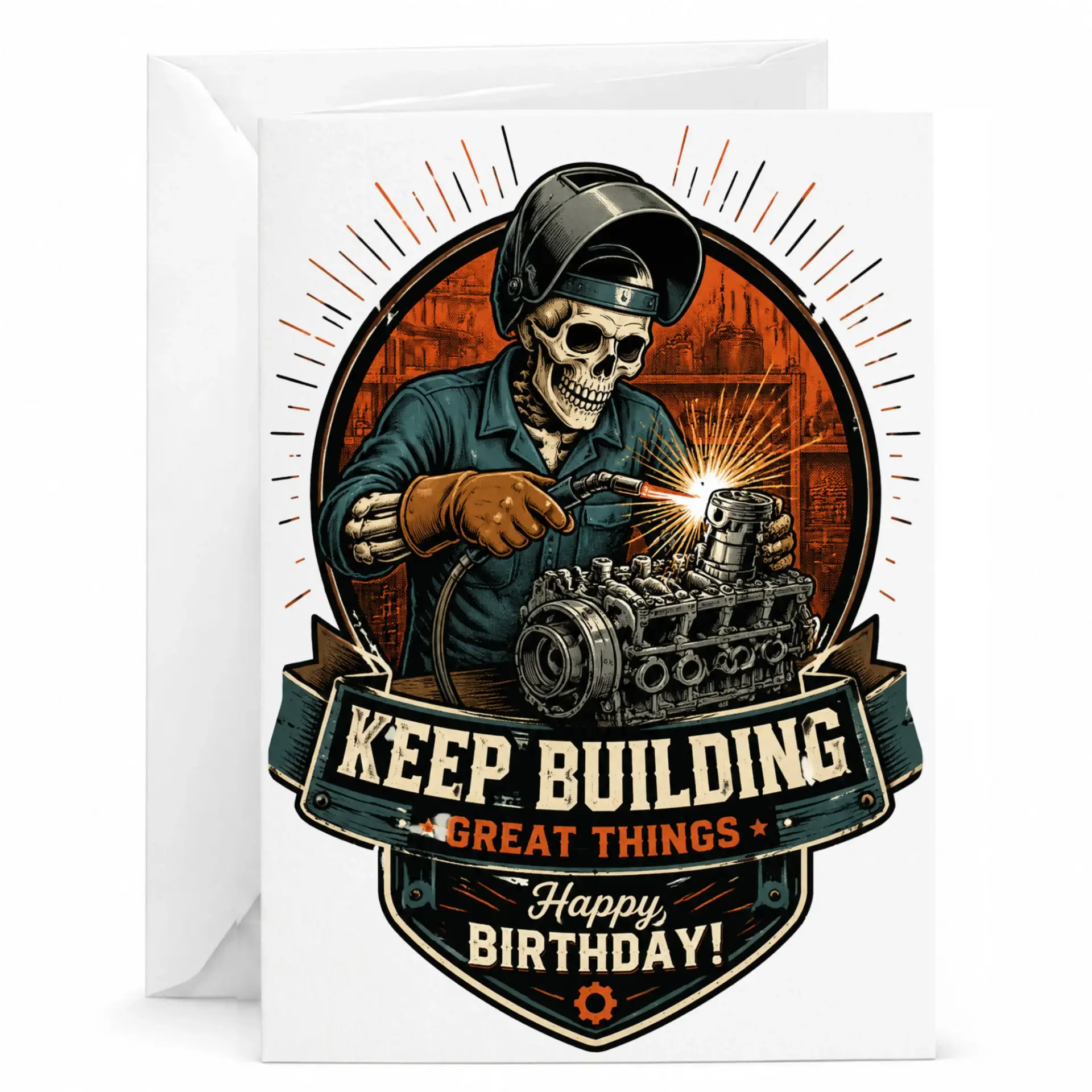 Birthday Card with Skeleton Welder Graphic Design for Mechanics and Makers Keep Building Great Things Greeting
