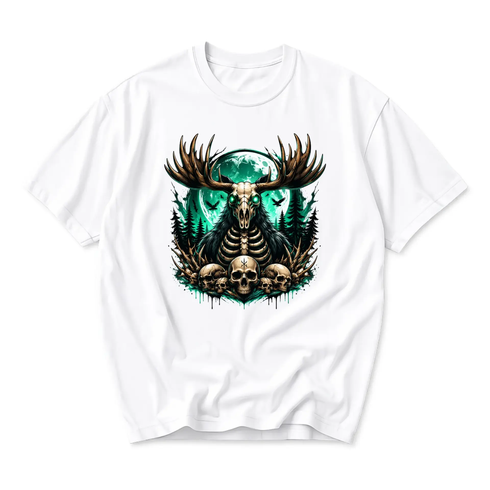 Graphic Tee Unisex Short Sleeve Shirt Featuring Forest Moose Skull Art on White Cotton Blend Crew Neck Apparel