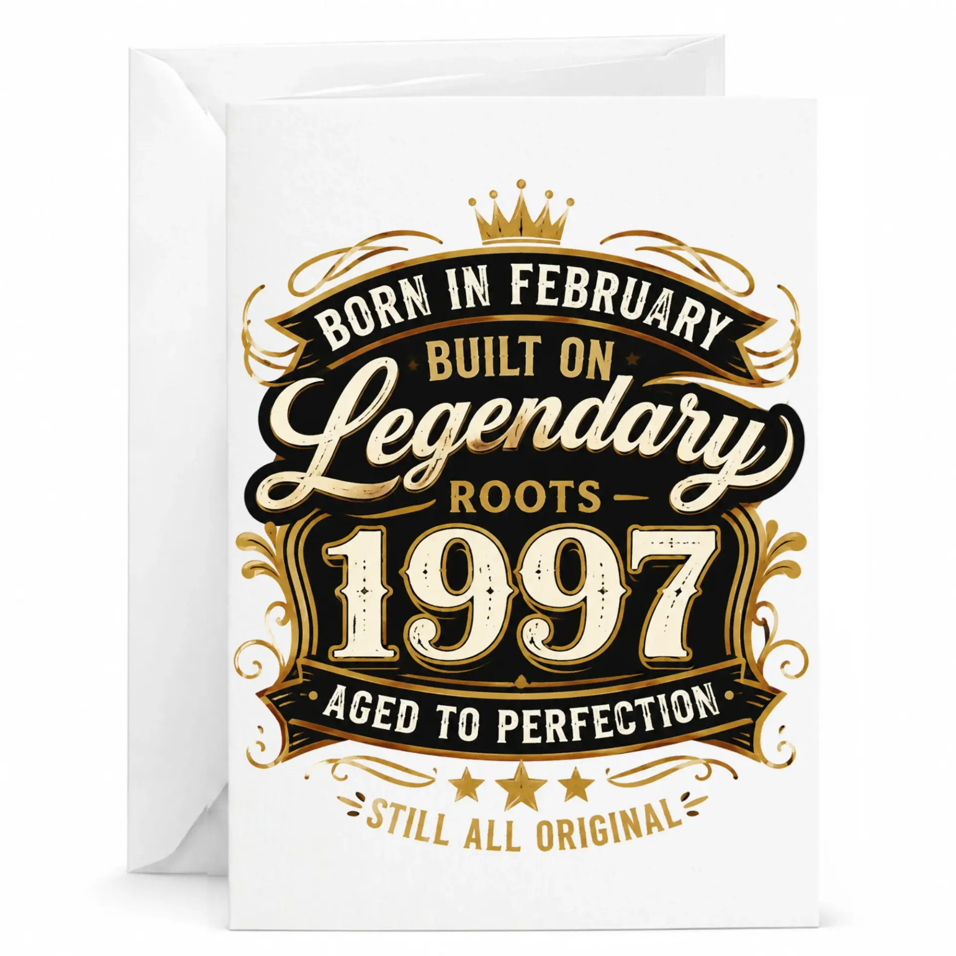 Birthday Card Born in February 1997 Legendary Roots Vintage Gold Style Greeting Card for Milestone Celebration