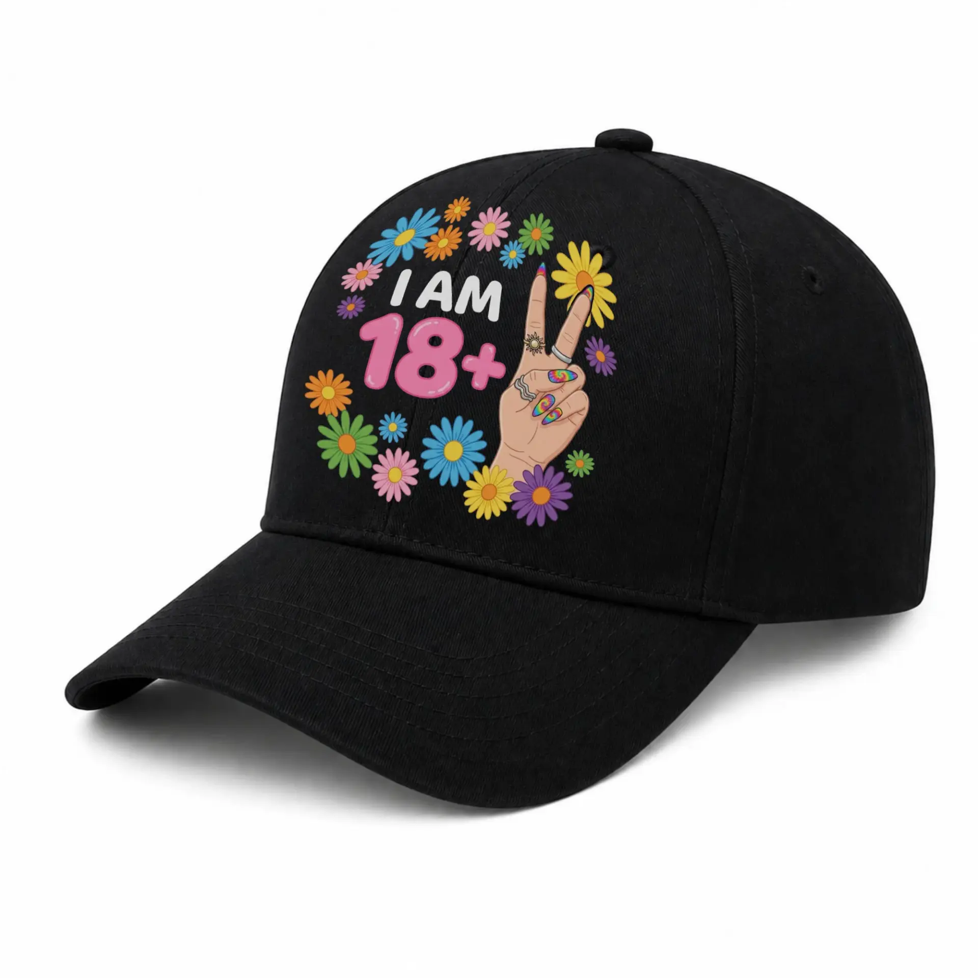 Vinyl Sticker Pack I Am 18+ Birthday Celebration Design Featuring Colorful Flower Wreath Art and Peace Sign Graphics
