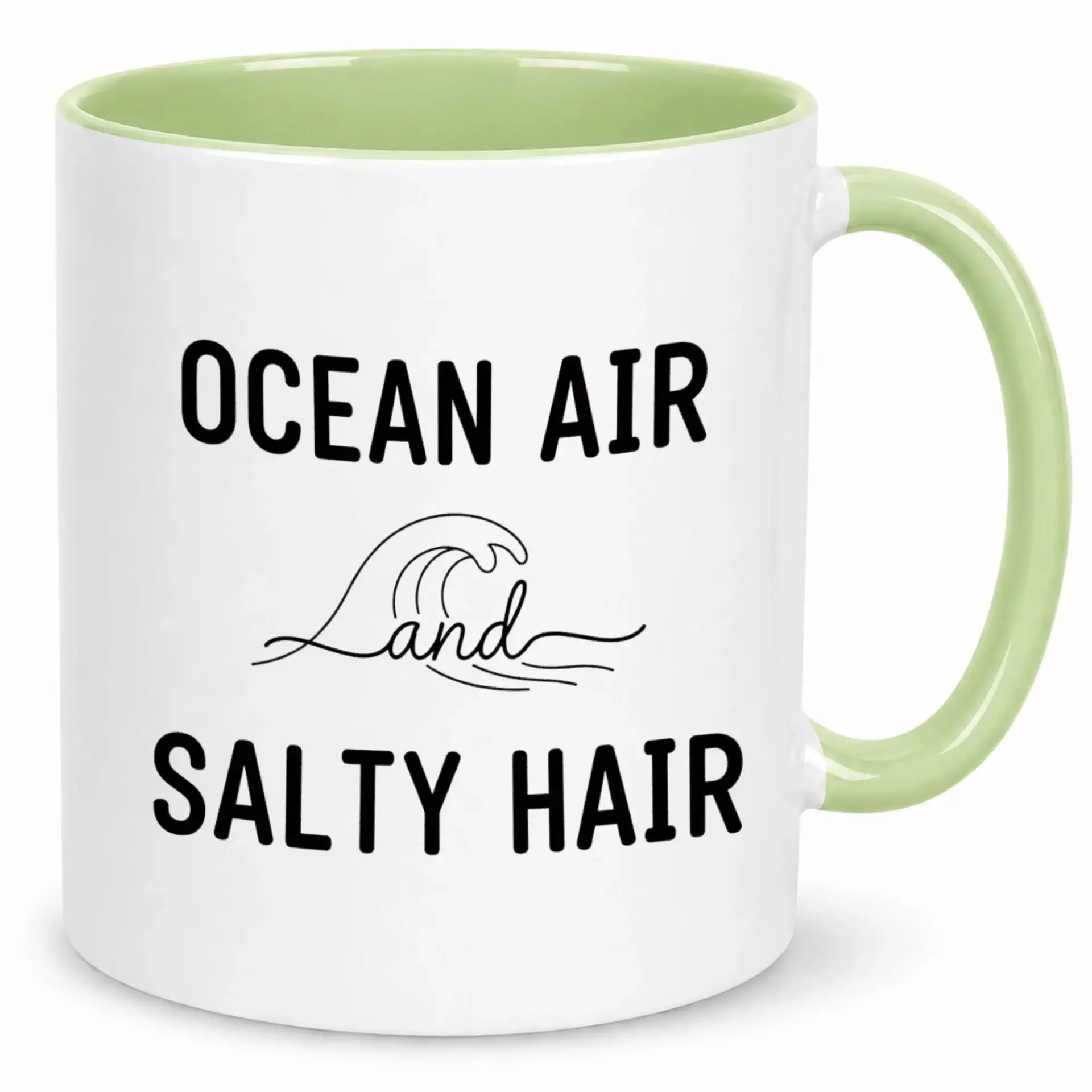 Ceramic Coffee Mug with Ocean Air and Salty Hair Design, Beach Themed Drinkware for Home or Office, Green Handle Accent