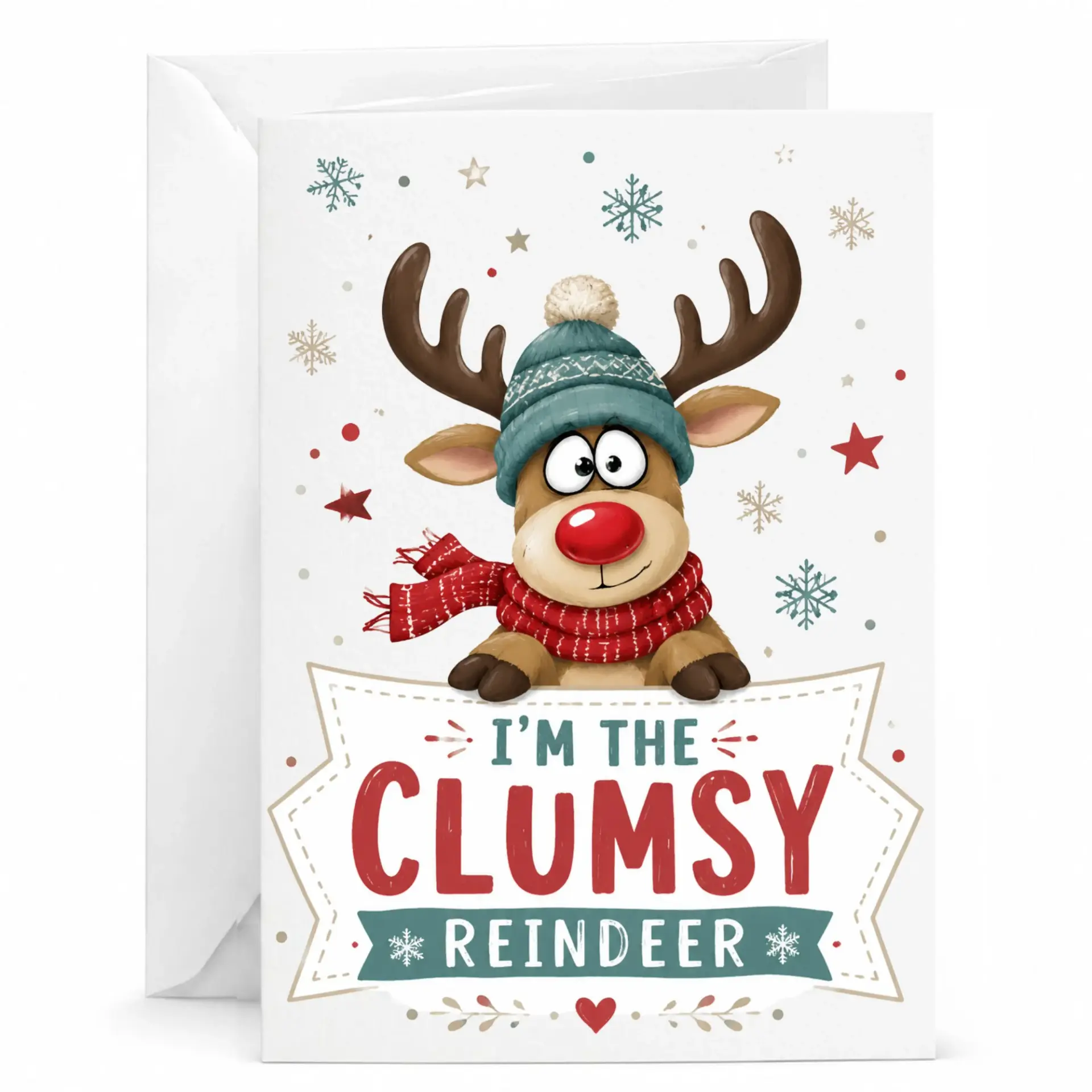 Funny Reindeer Christmas Greeting Card, Cute Holiday Card for Friends and Family, Seasonal Winter Holiday Note Card