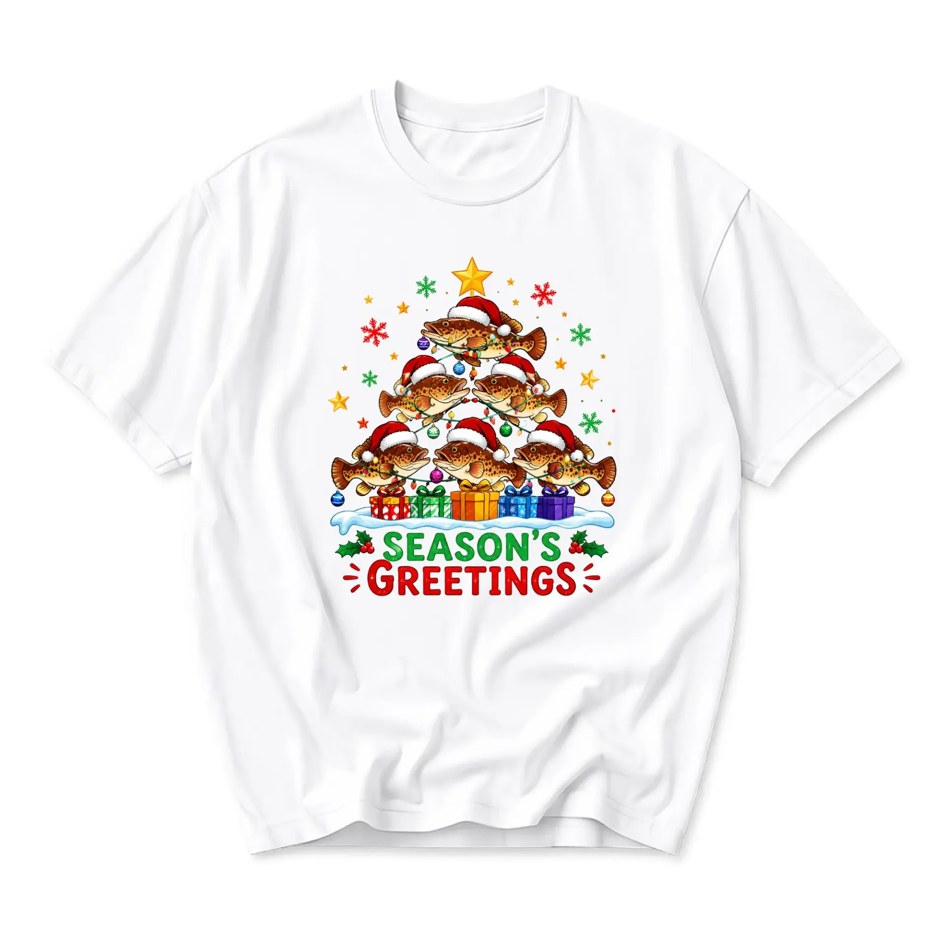 Funny Shirt Season Greetings Fishing Christmas Tree Graphic Tee Unisex