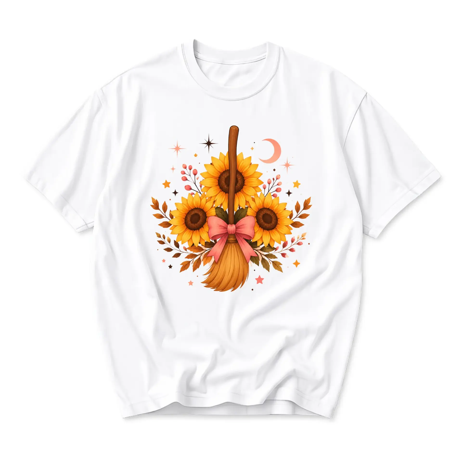 Graphic Tee Sunflower Broomstick Shirt Unisex Crew Neck Autumn Seasonal Floral Casual Apparel for Everyday Wear
