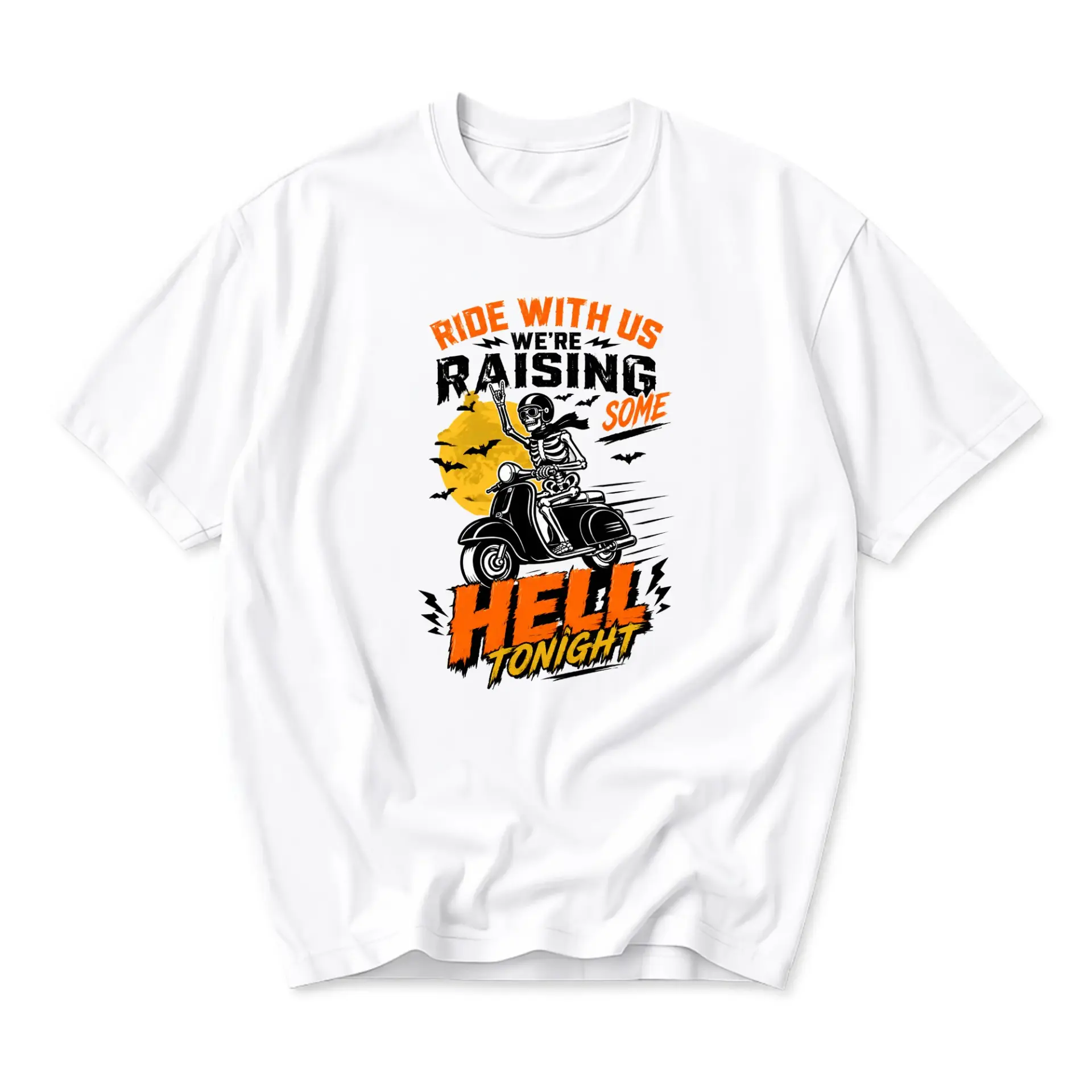 Funny Shirt Ride with Us Raising Some Hell Tonight Skeleton Graphic Tee Unisex Cotton Crew Neck Casual Summer Top