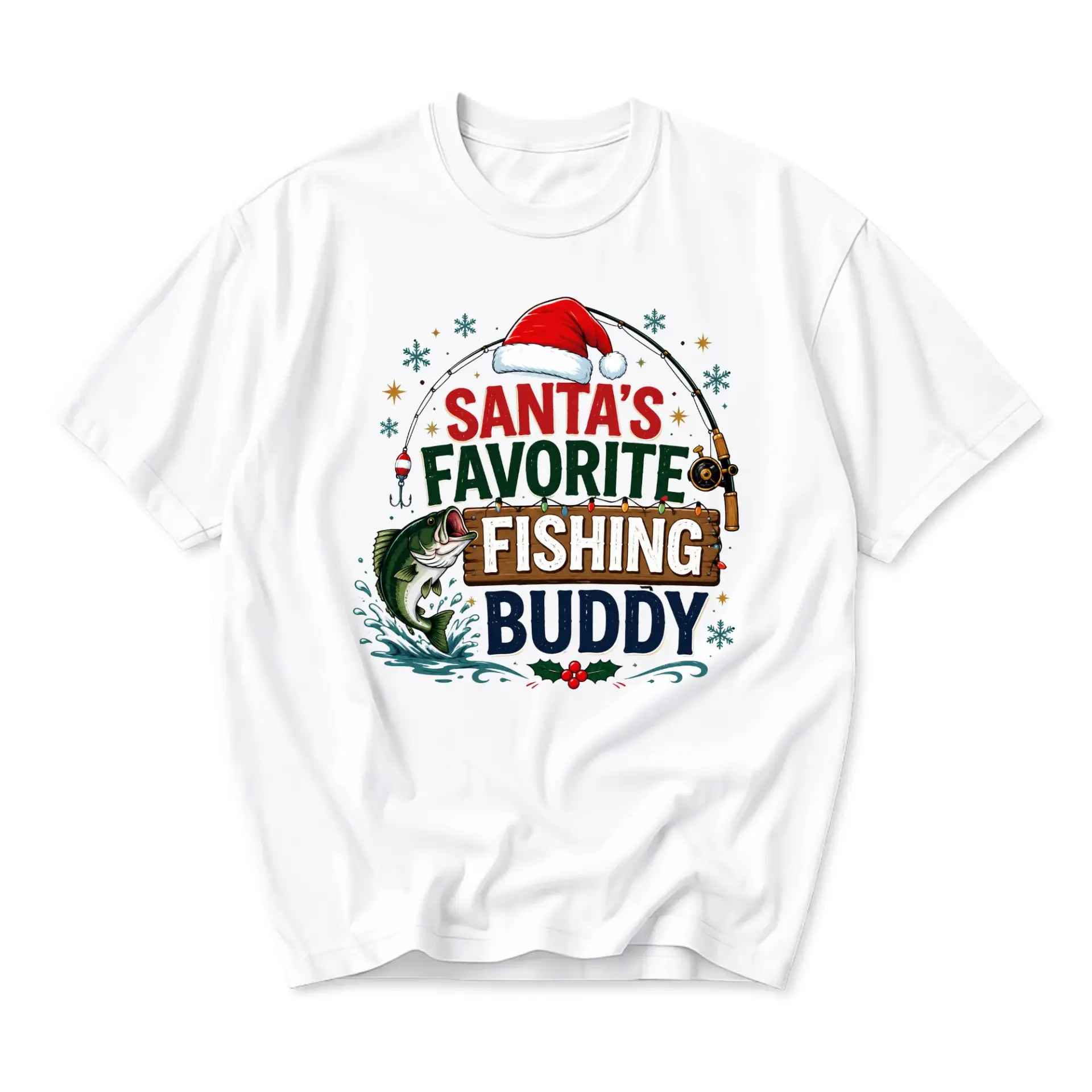 Funny Shirt Santa's Favorite Fishing Graphic Tee Holiday Seasonal Casual