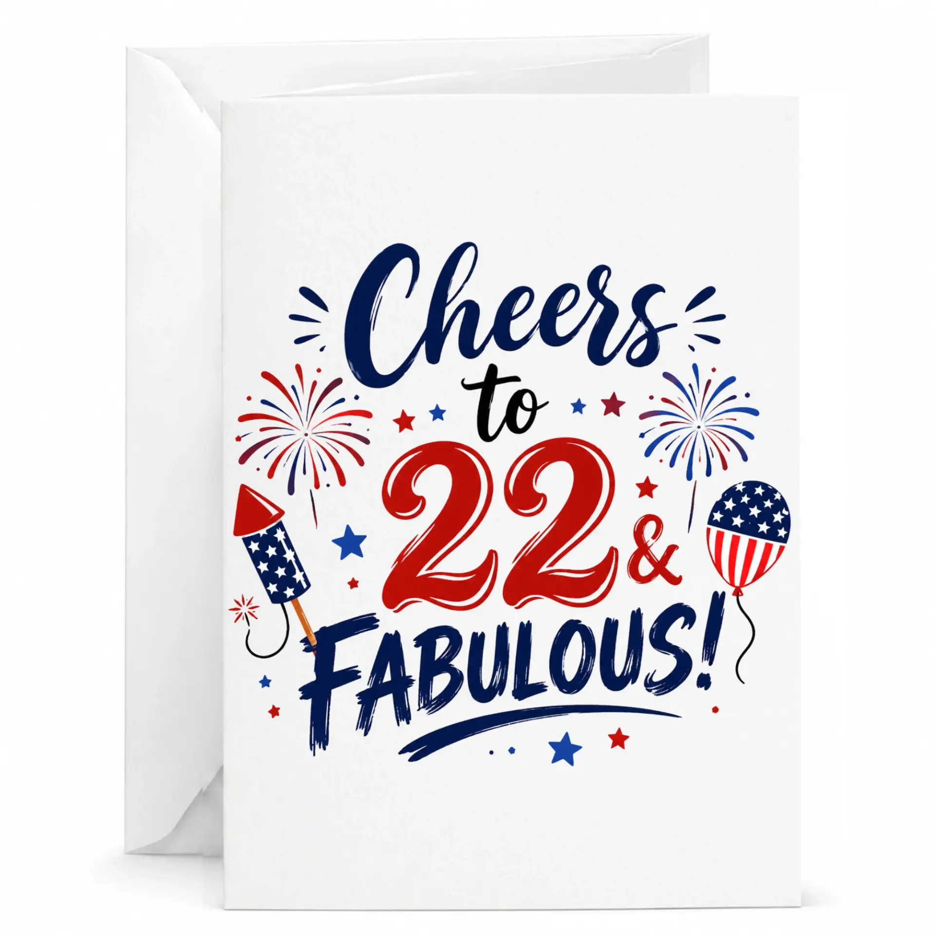 Birthday Card Cheers to 22 and Fabulous Greeting Card with Patriotic Fireworks and Balloon Design for Milestone Celebration