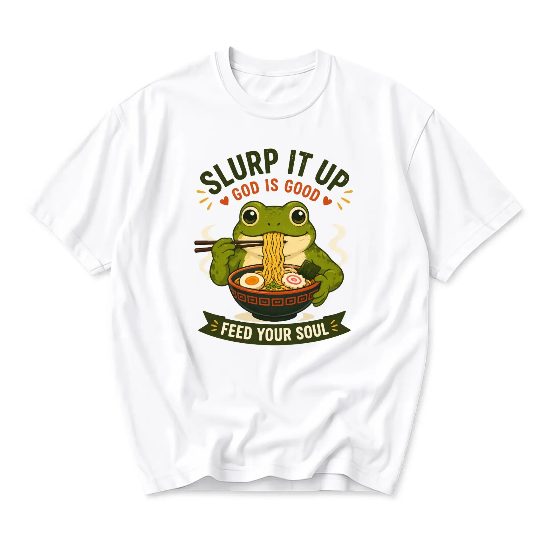 Funny Shirt Slurp It up Graphic Tee Cute Frog Eating Ramen Noodles Design