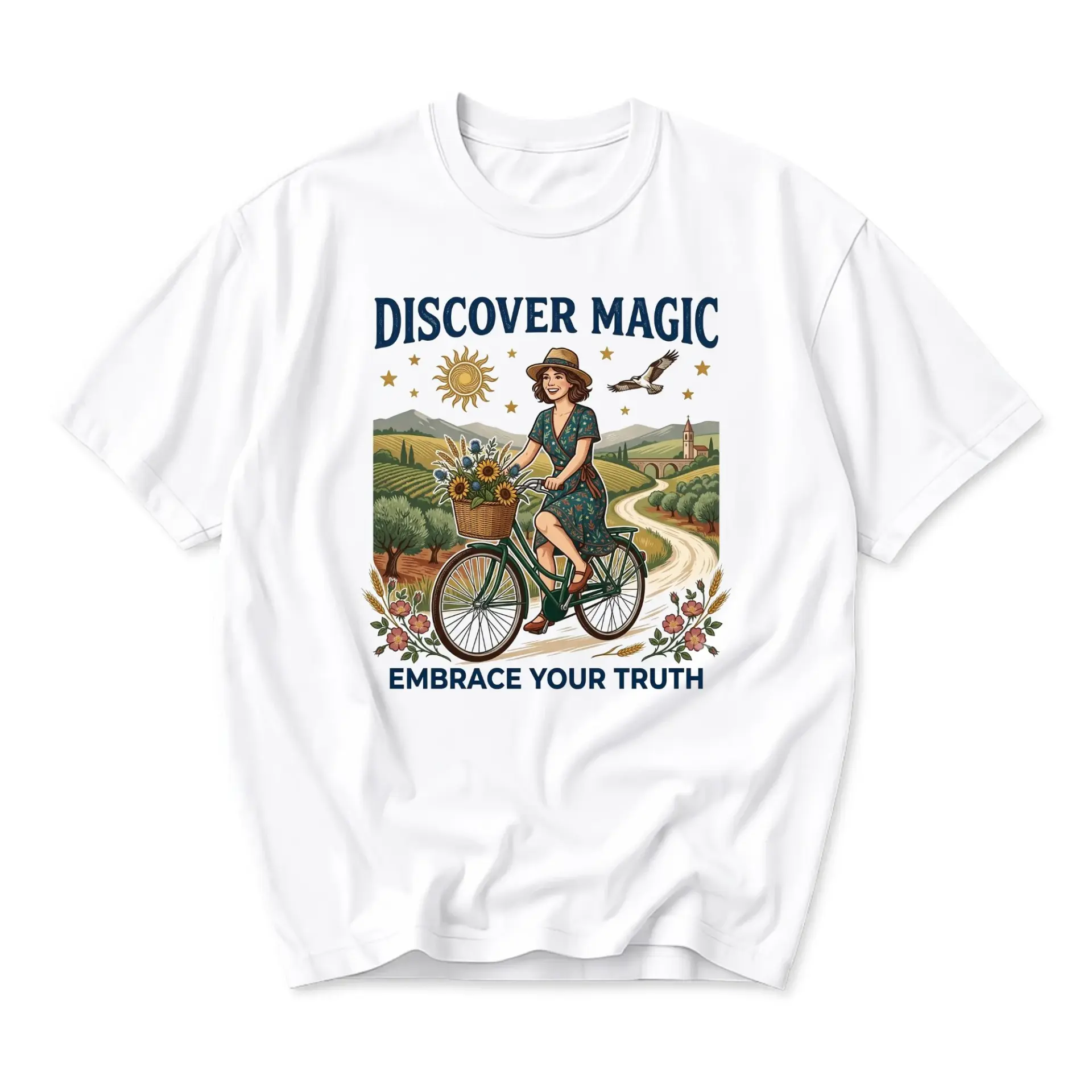 Graphic Tee Discover Magic Embrace Your Truth Floral Bicycle Illustration Unisex Casual Crew Neck Comfortable T-Shirt