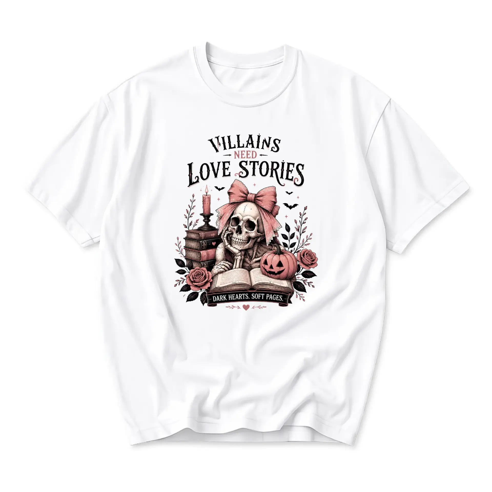 Graphic Tee Villains Need Love Stories Skeleton Reading Book Design Unisex Crew Neck Casual Cotton Blend Shirt