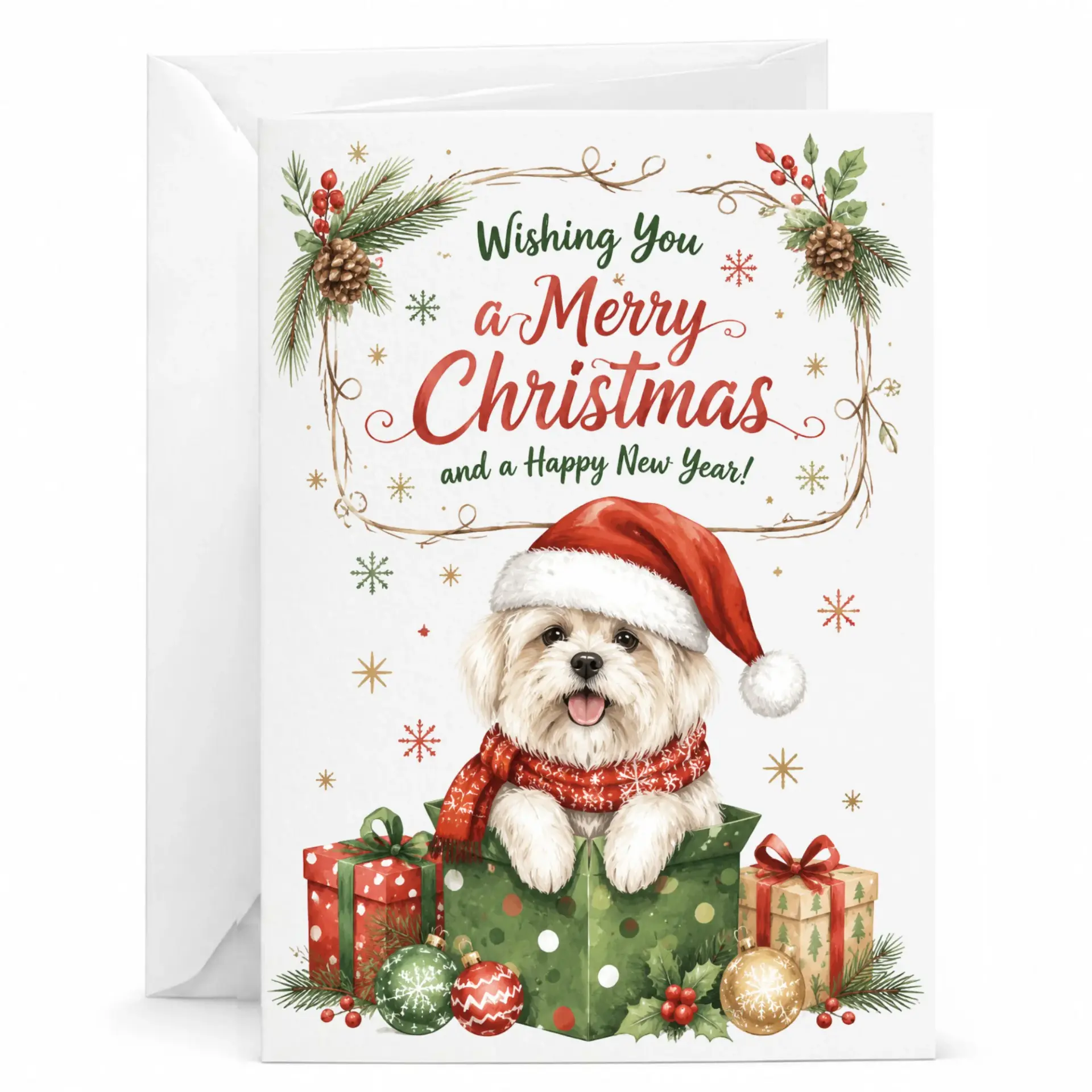 Christmas Greeting Card Featuring Cute Dog in Santa Hat for Holiday Season Wishes and Festive Winter Greeting