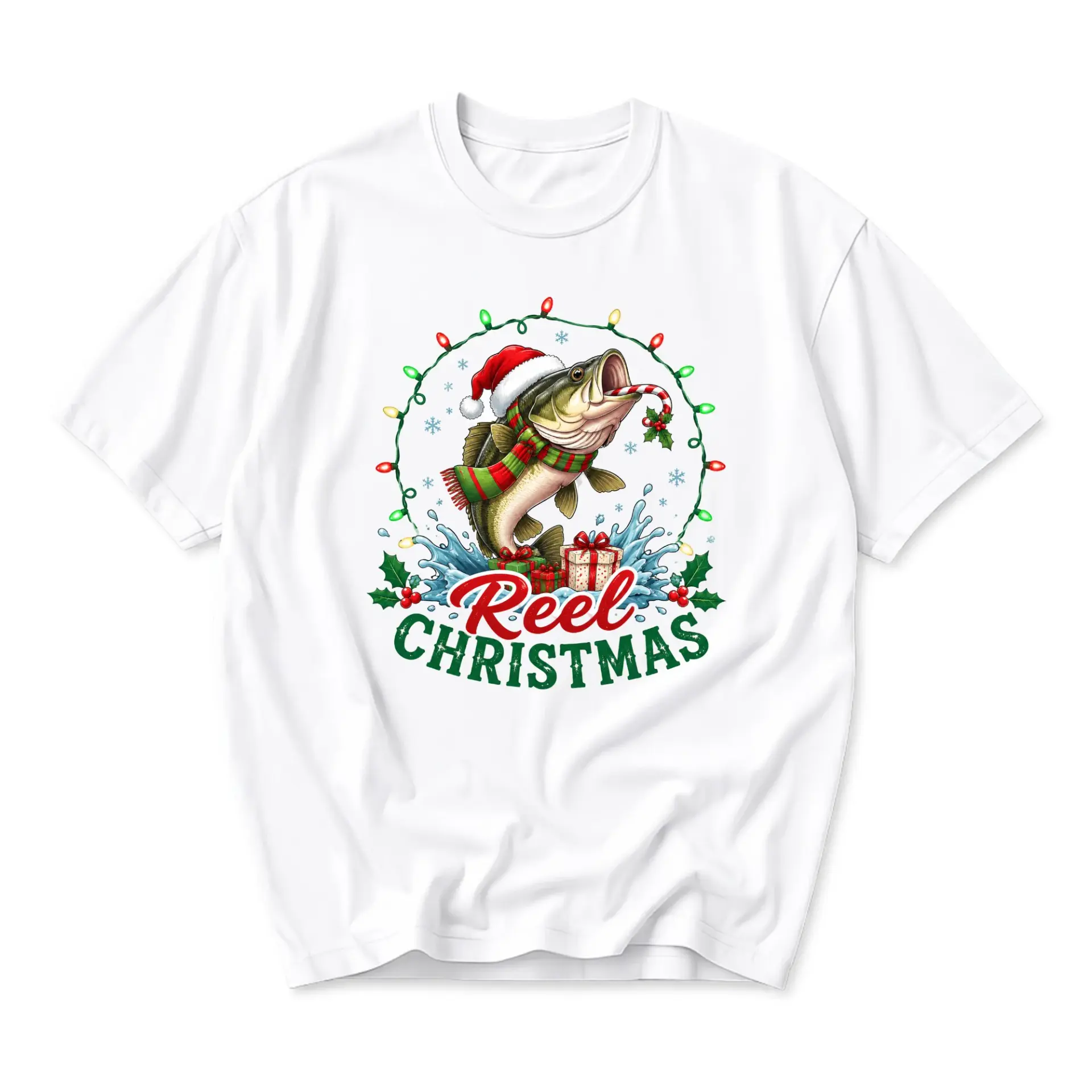 Funny Shirt Reel Christmas Fishing Theme Graphic Tee Casual Unisex Crew Neck Holiday Outfit Soft Cotton Blend