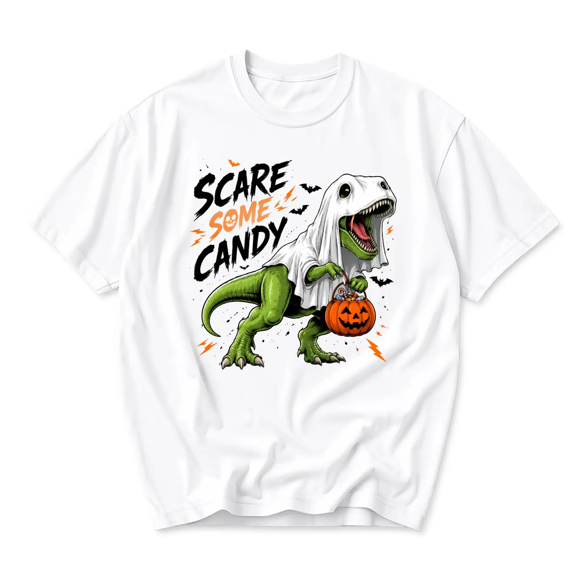 T-shirt Scare Some Candy Funny Dinosaur Halloween Graphic Tee Unisex Crew Neck Short Sleeve Casual Cotton Blend Top