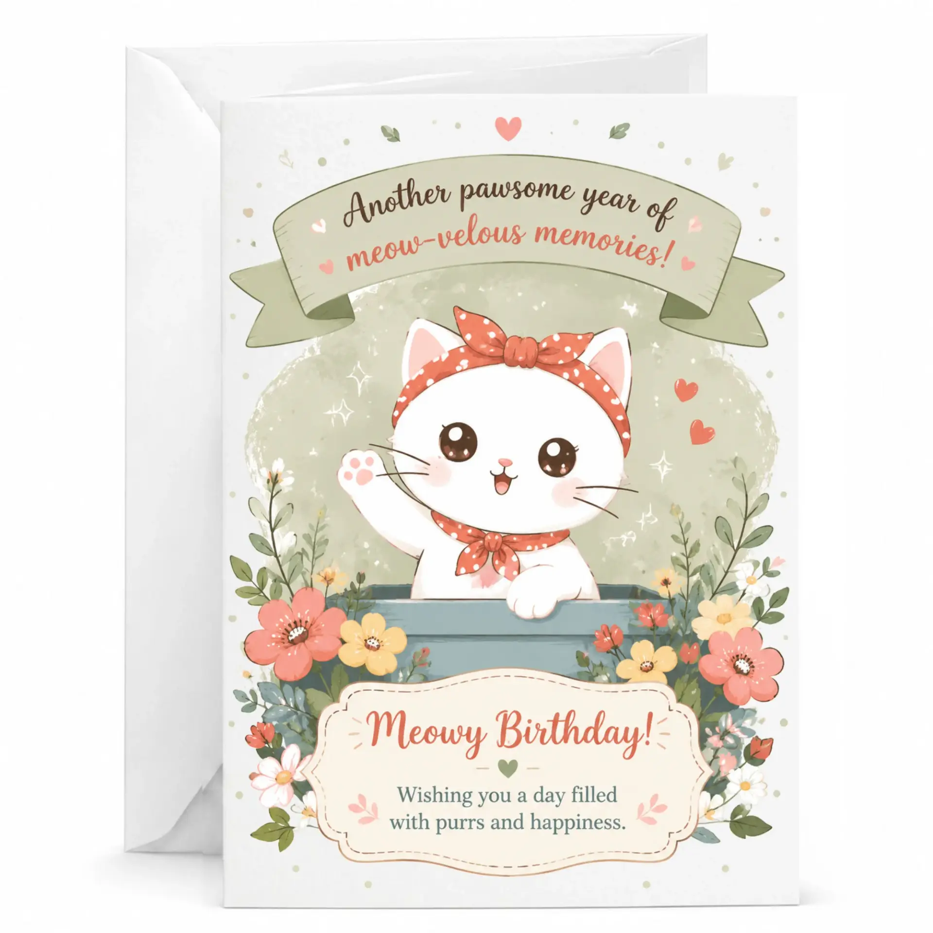 Birthday Card Cute Cat Illustration Greeting Card for Pet Lovers Featuring Adorable Kitten and Floral Accents