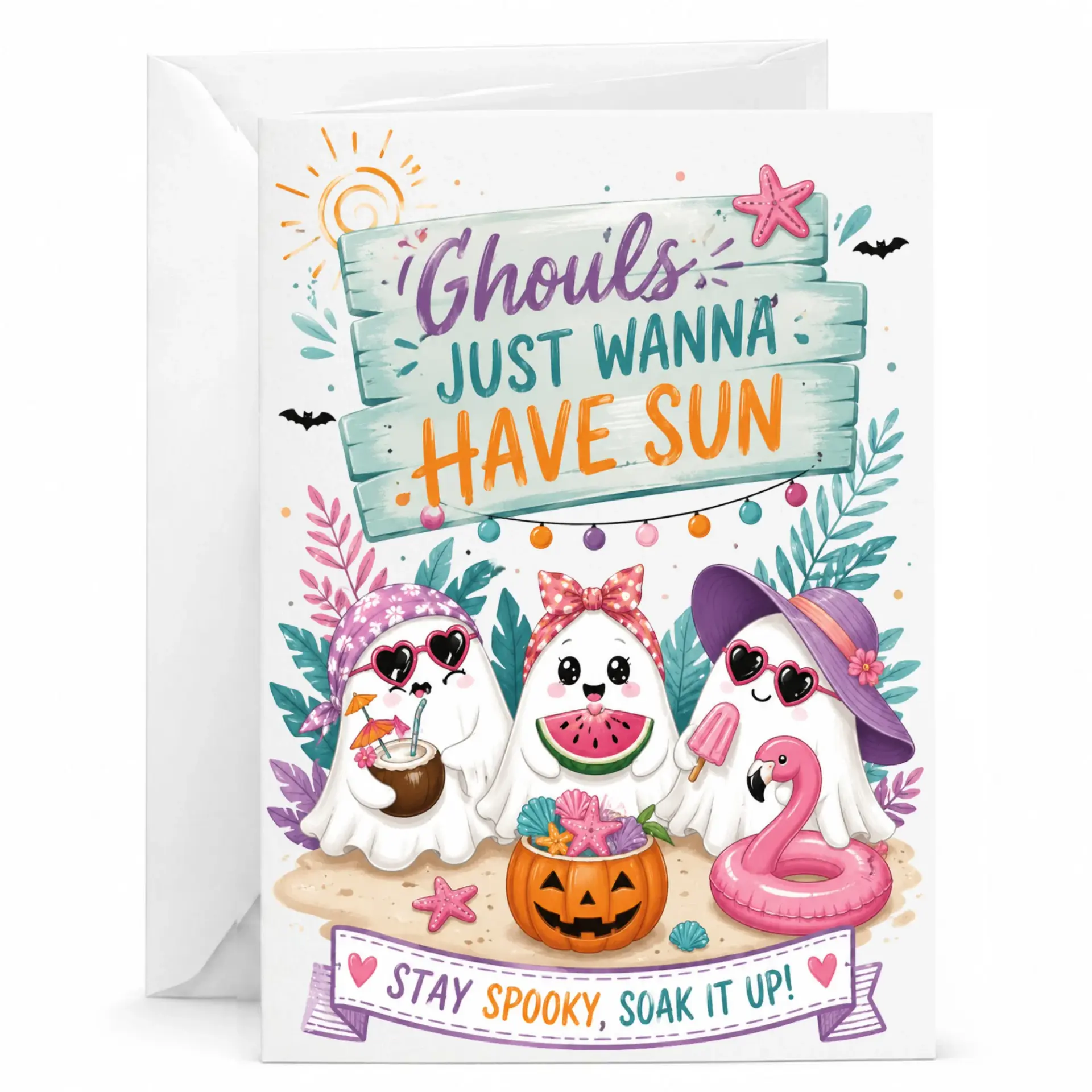 Funny Greeting Card Ghouls Have Sun Summer Halloween Pun with Matching White Envelope