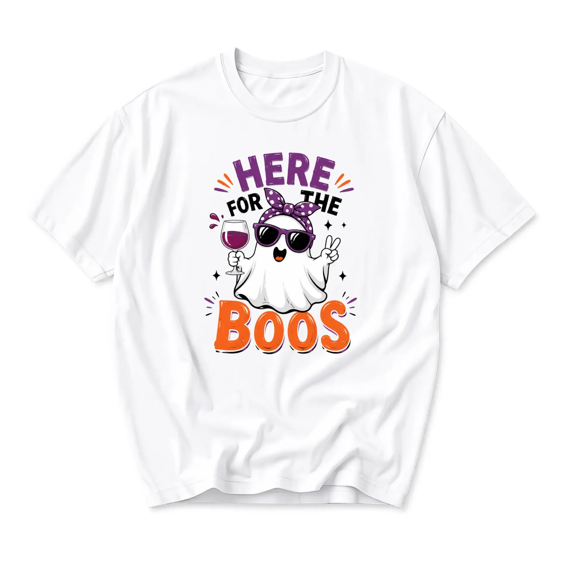 Funny Shirt Here for the Boos Graphic Tee Casual Unisex Crew Neck Short Sleeve Cotton Blend Halloween Seasonal Top
