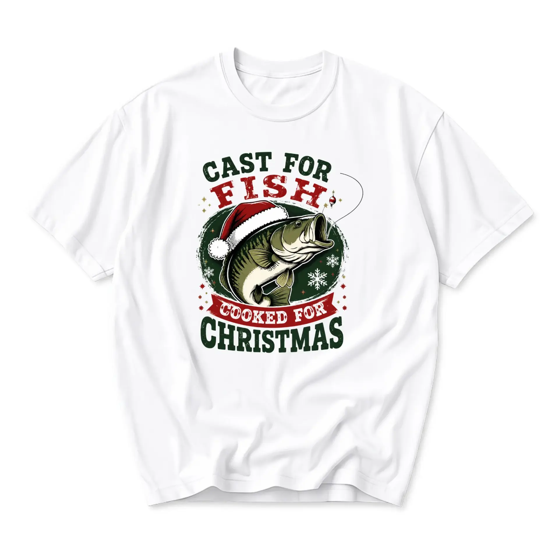 Funny Shirt Cast for Fish Cooked Christmas Graphic Tee Unisex Holiday Fishing Themed Crew Neck Casual Apparel