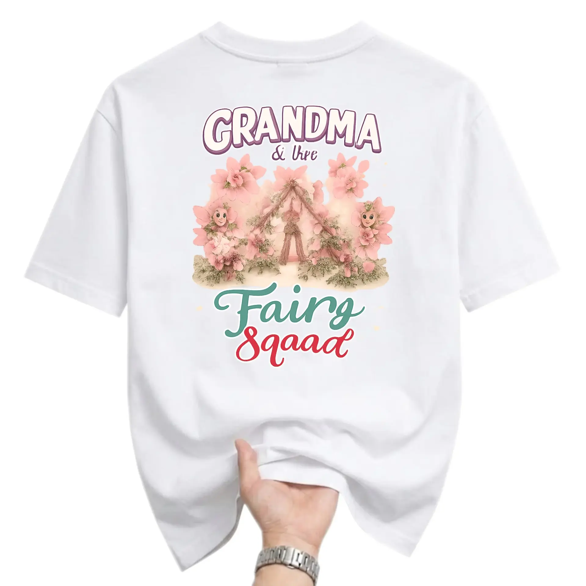 Graphic Tee Grandma and the Fairy Squad Floral Whimsical Design Casual Unisex Crew Neck Cotton Blend T-Shirt