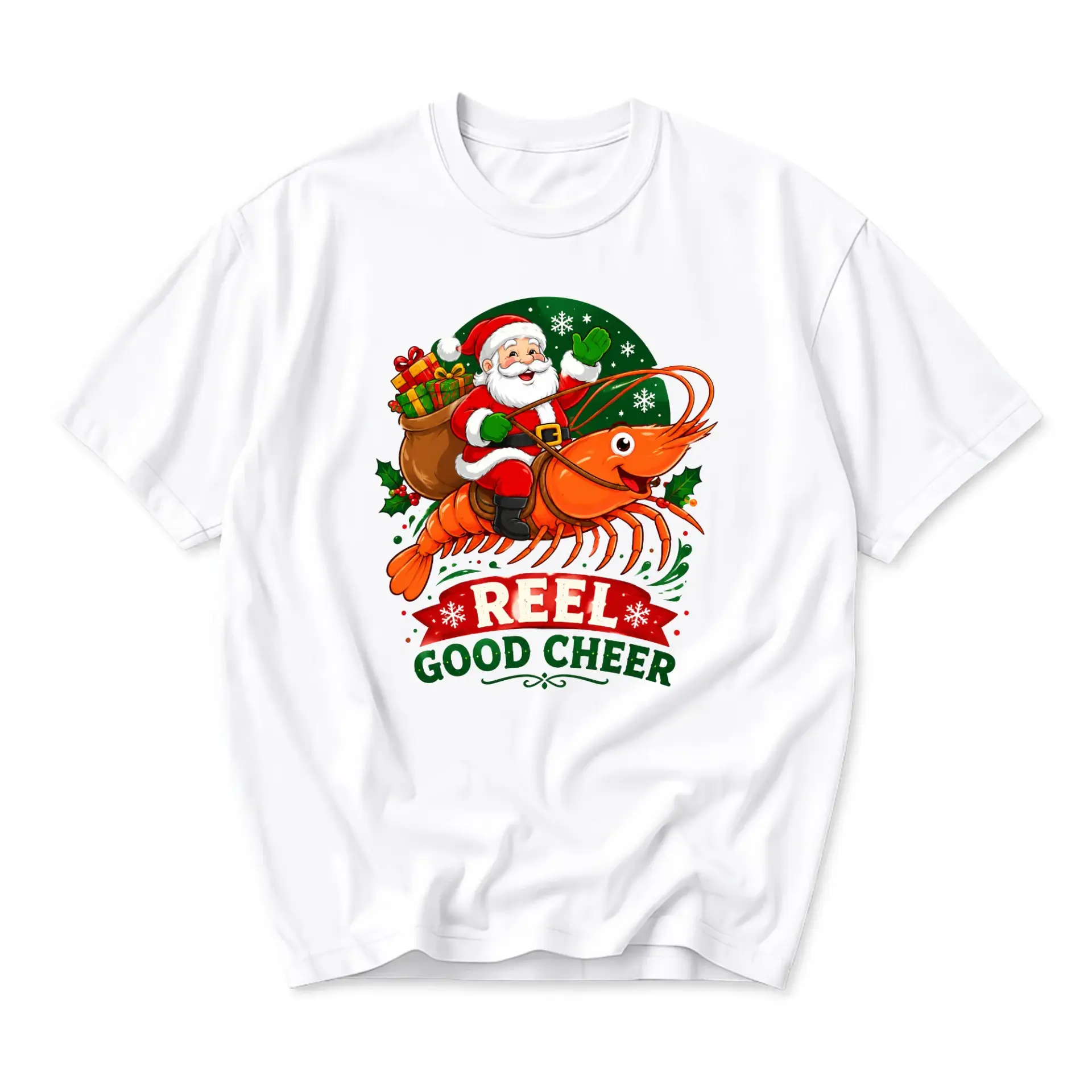 Funny Shirt Reel Good Cheer Graphic Tee Unisex Holiday Crew Neck Top Festive Santa Claus Riding Shrimp Casual Apparel