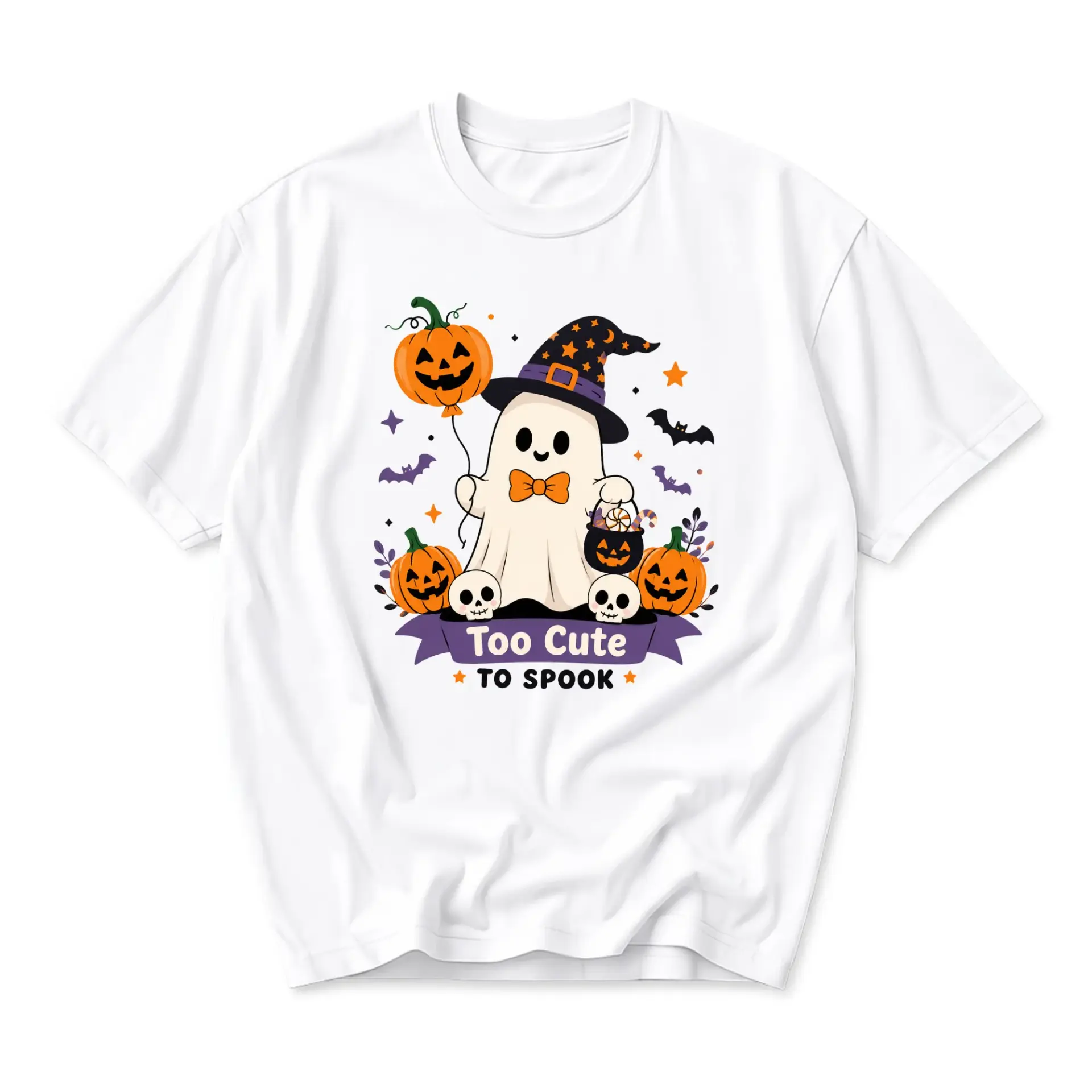 Graphic Tee Too Cute to Spook Halloween Shirt Ghost Pumpkin Art Unisex Crew Neck Casual Everyday Wear Soft Cotton Blend
