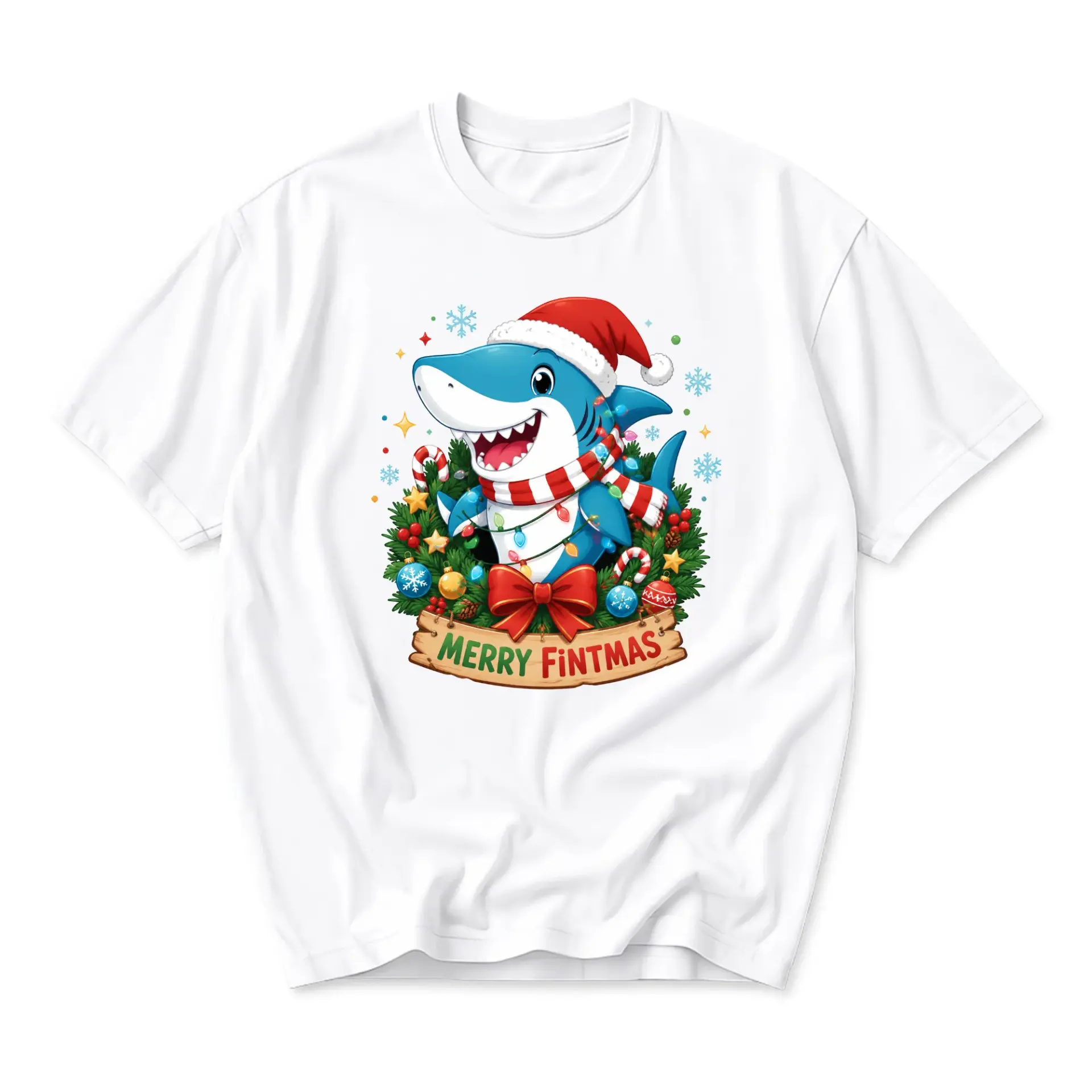 Funny Shirt Merry Fintmas Shark Graphic Tee Unisex Holiday Crew Neck Cotton Blend Soft Everyday Casual Apparel White