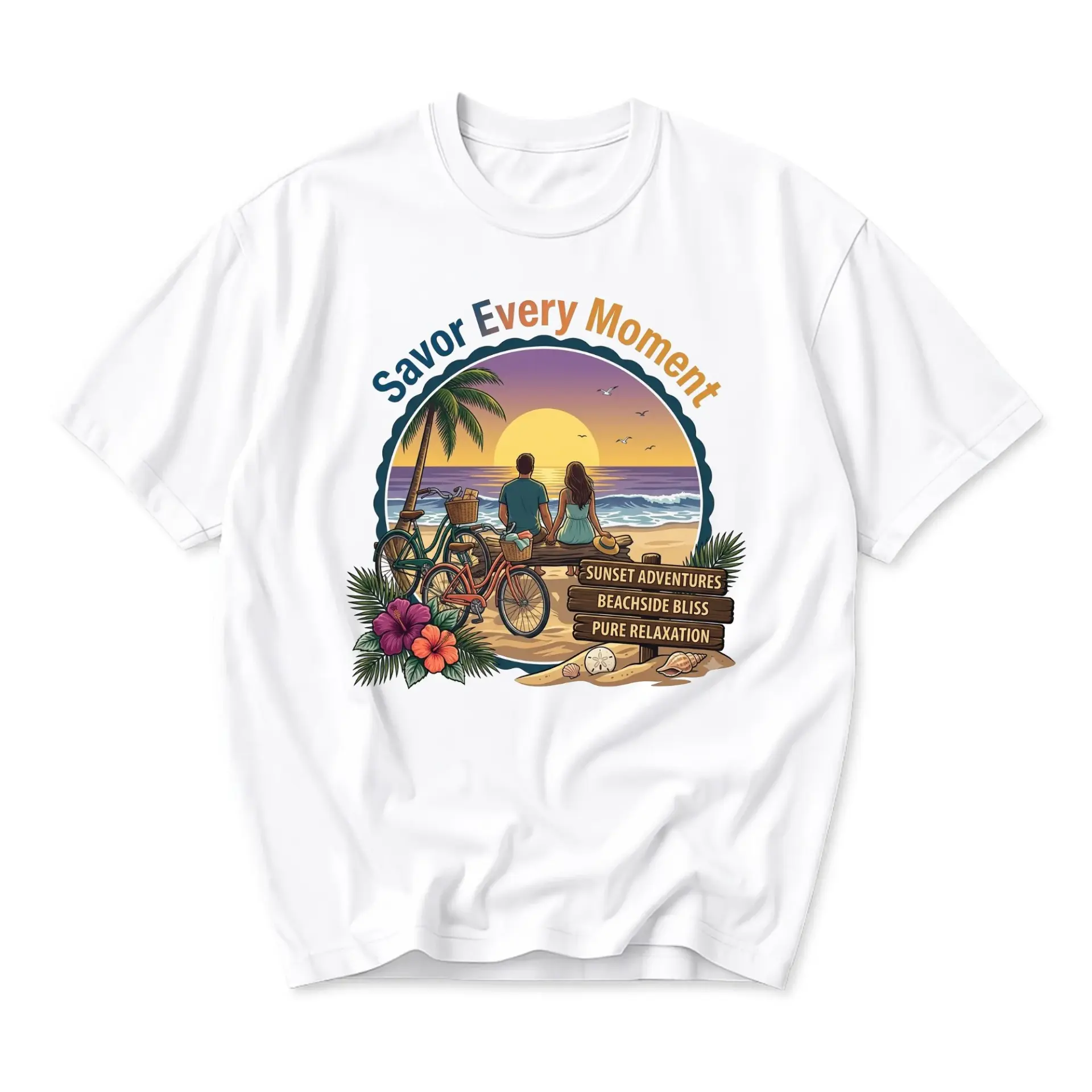 Graphic Tee Savor Every Moment Beach Sunset Design Unisex Casual Short Sleeve Crew Neck Cotton Blend Shirt