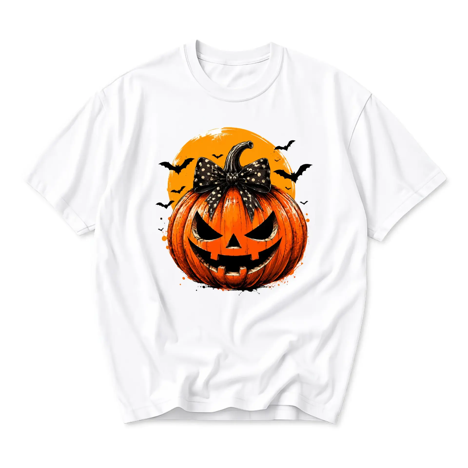 Graphic Tee Unisex Halloween Pumpkin Bow Shirt Spooky Fall Aesthetic Casual Crew Neck Short Sleeve Cotton Blend Top