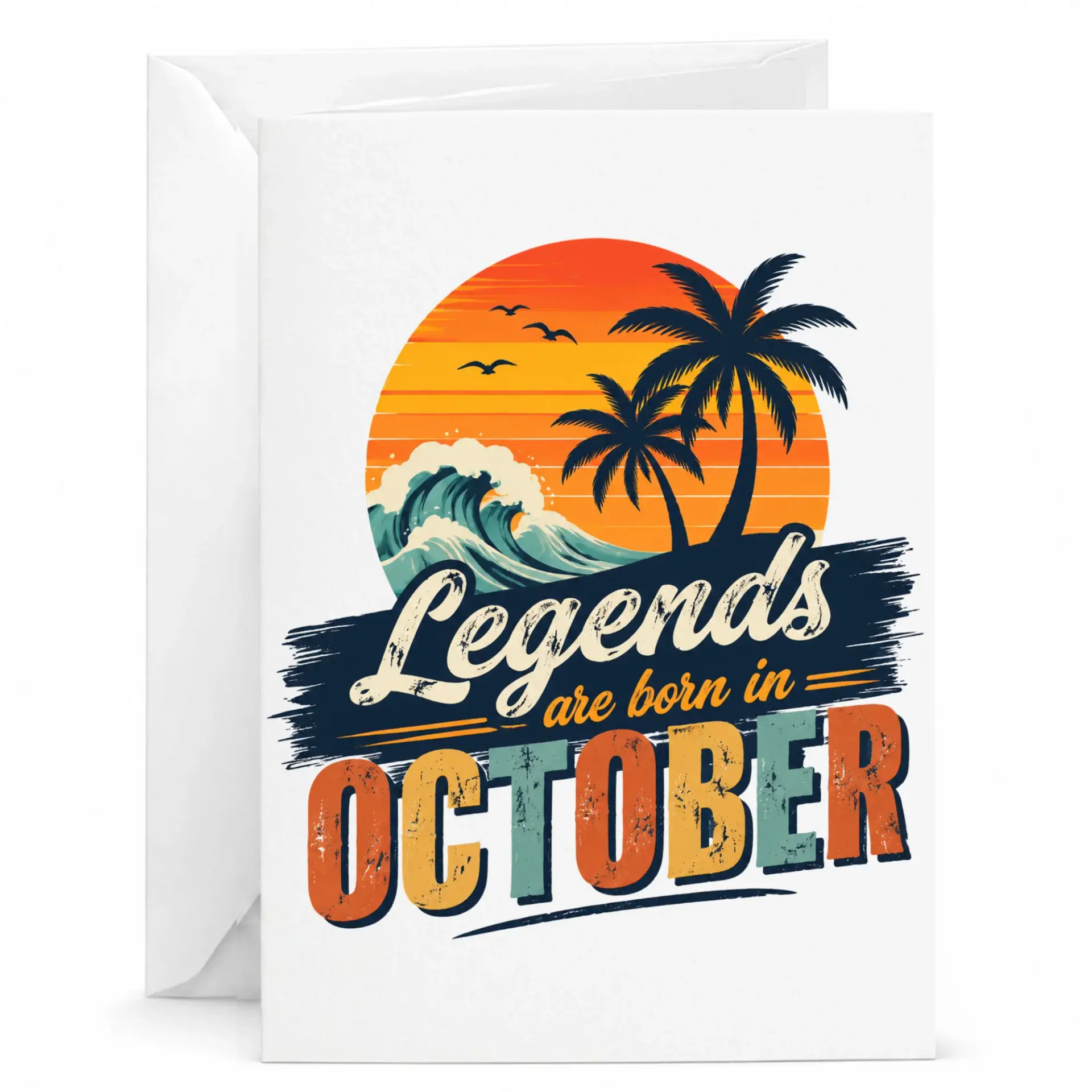 Birthday Card Legends Are Born in October Vintage Sunset Tropical Palm Tree Beach Theme Greeting Card for Men and Women