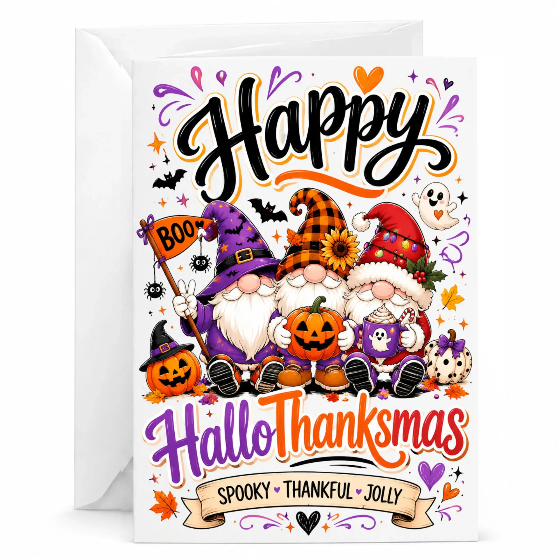 Funny Hallothanksmas Greeting Card with Envelope Spooky Season Thanksgiving Holiday Gnomes Pumpkin Illustration Art