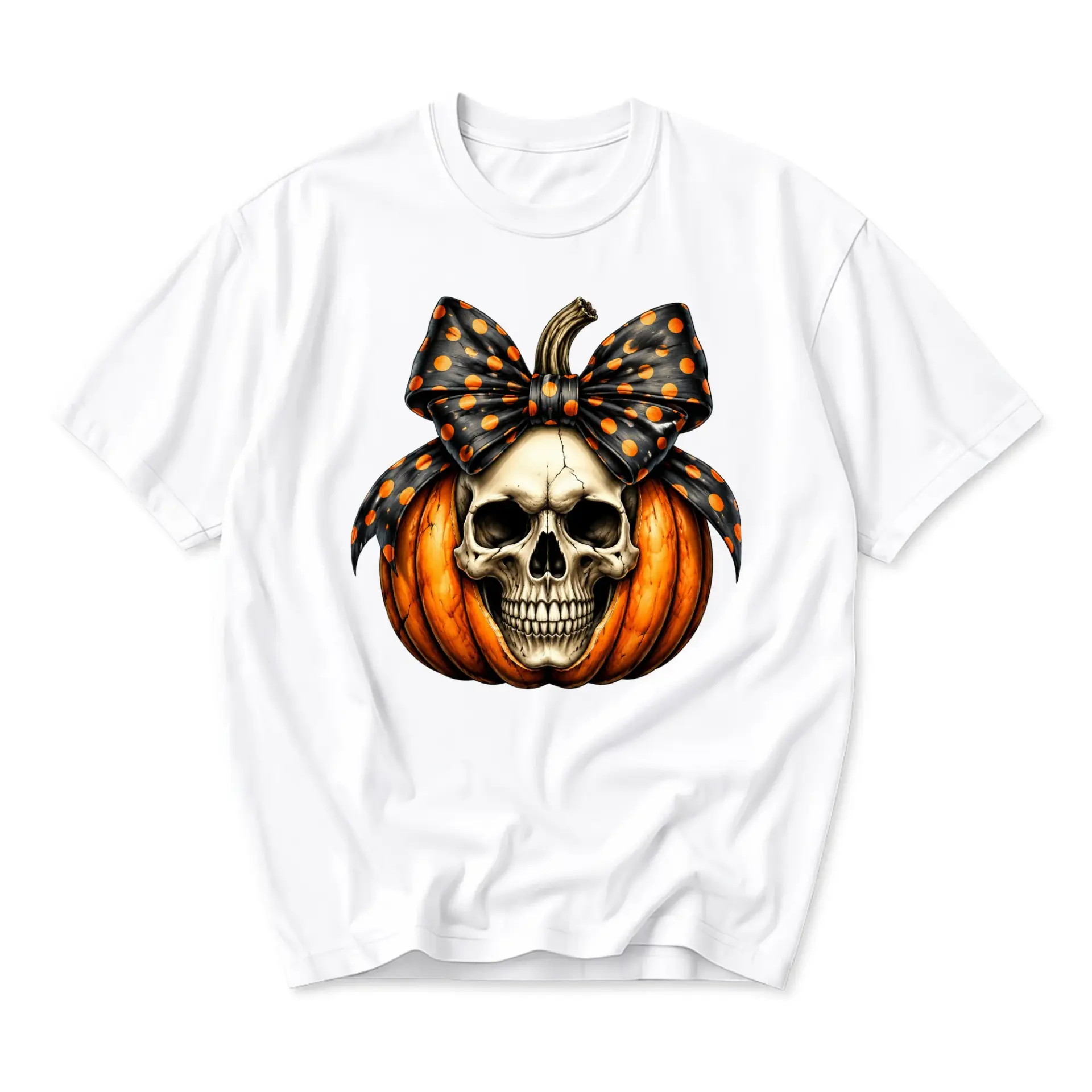 Graphic Tee Pumpkin Skull with Polka Dot Bow Print Unisex Short Sleeve Crew Neck Casual Cotton Blend Apparel