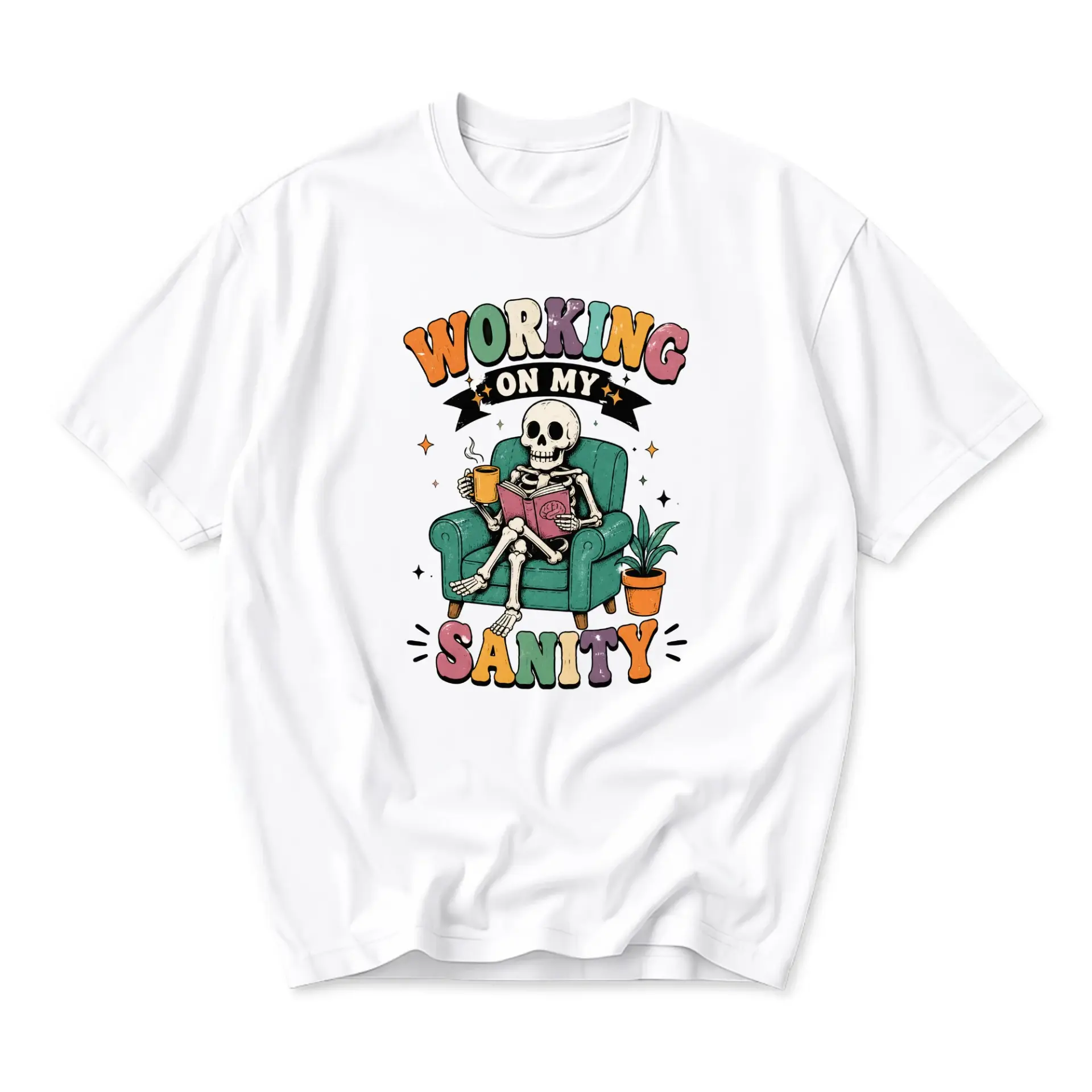 Funny Shirt Working on My Sanity Graphic Tee Skeleton Reading Book Casual Unisex Crew Neck Short Sleeve Top