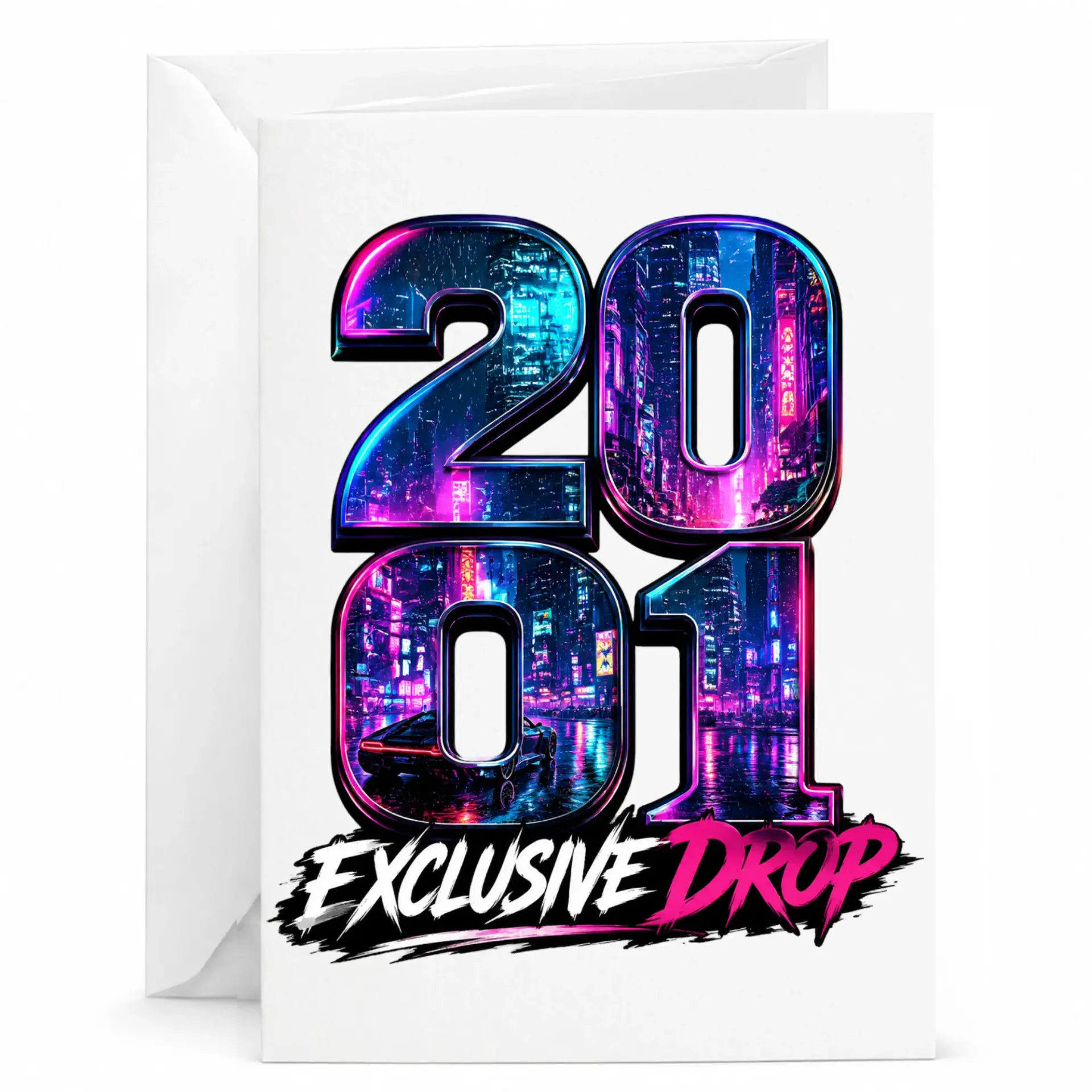 Birthday Card 2001 Exclusive Drop Retro Neon Cityscape Design for Special Milestone Celebrations and Commemorations