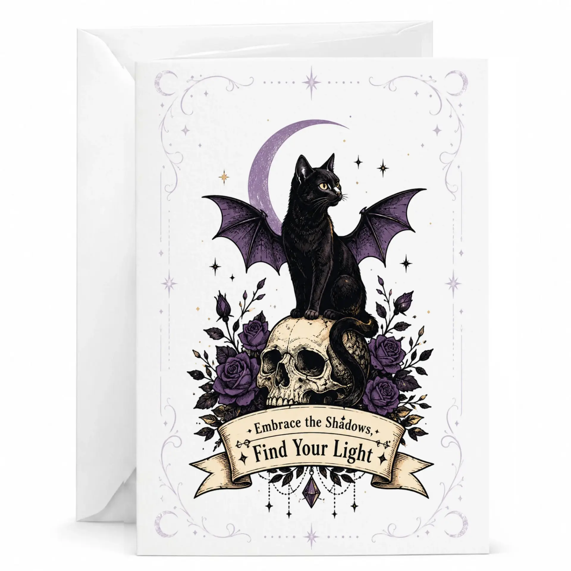 Greeting Card the Shadows Find Your Gothic Black Cat Illustration Art Stationery for Friends and Loved Ones