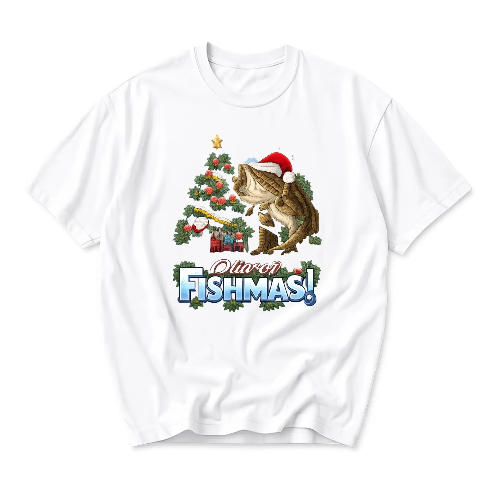 Funny Shirt Fishmas Graphic Tee Fisherman Holiday Outfit Unisex Crew Neck Casual Cotton Blend Apparel