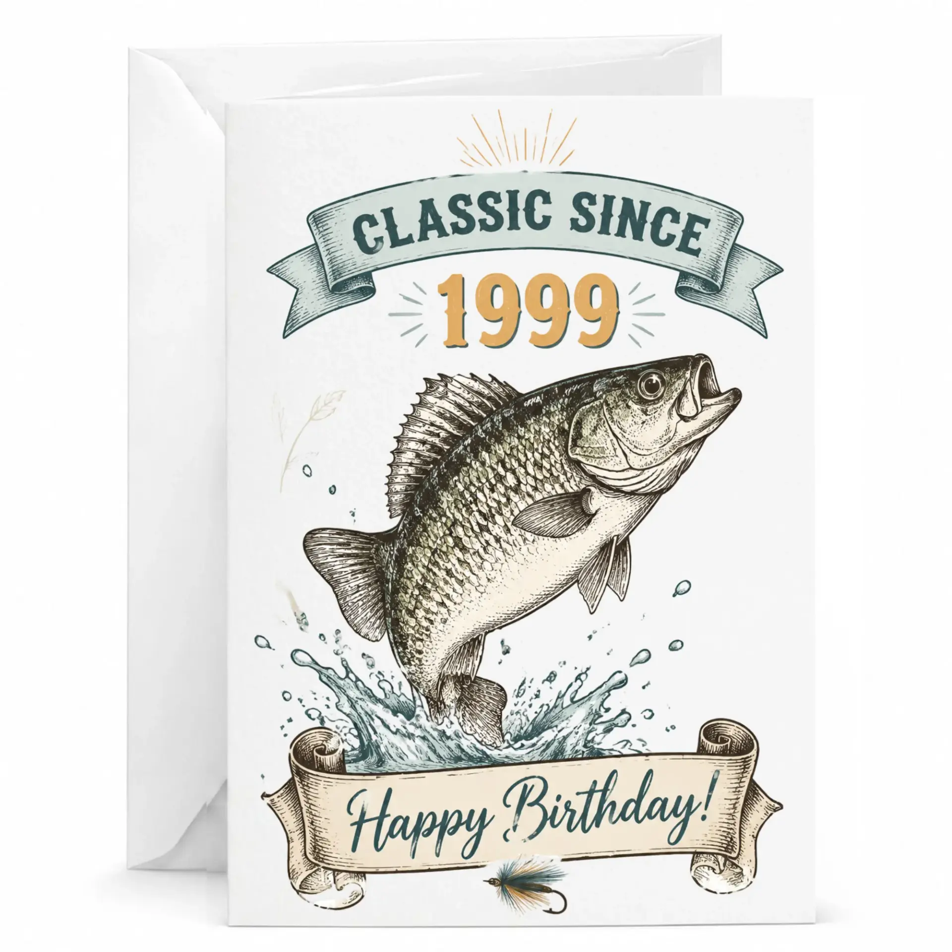 Birthday Card Classic Since 1999 Fishing Themed Greeting Card for Anglers and Outdoorsmen with Matching Envelope