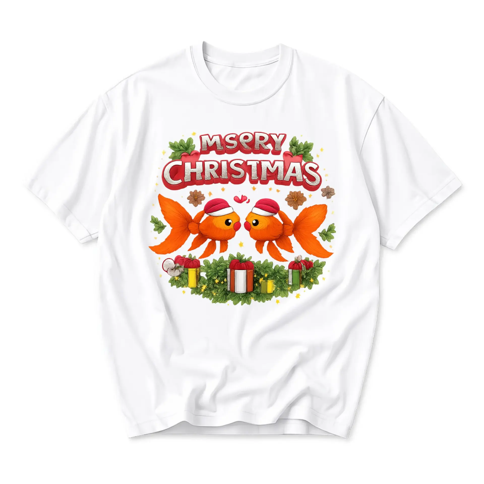 Funny Shirt M Sery Christmas Goldfish Graphic Tee Seasonal Holiday Apparel