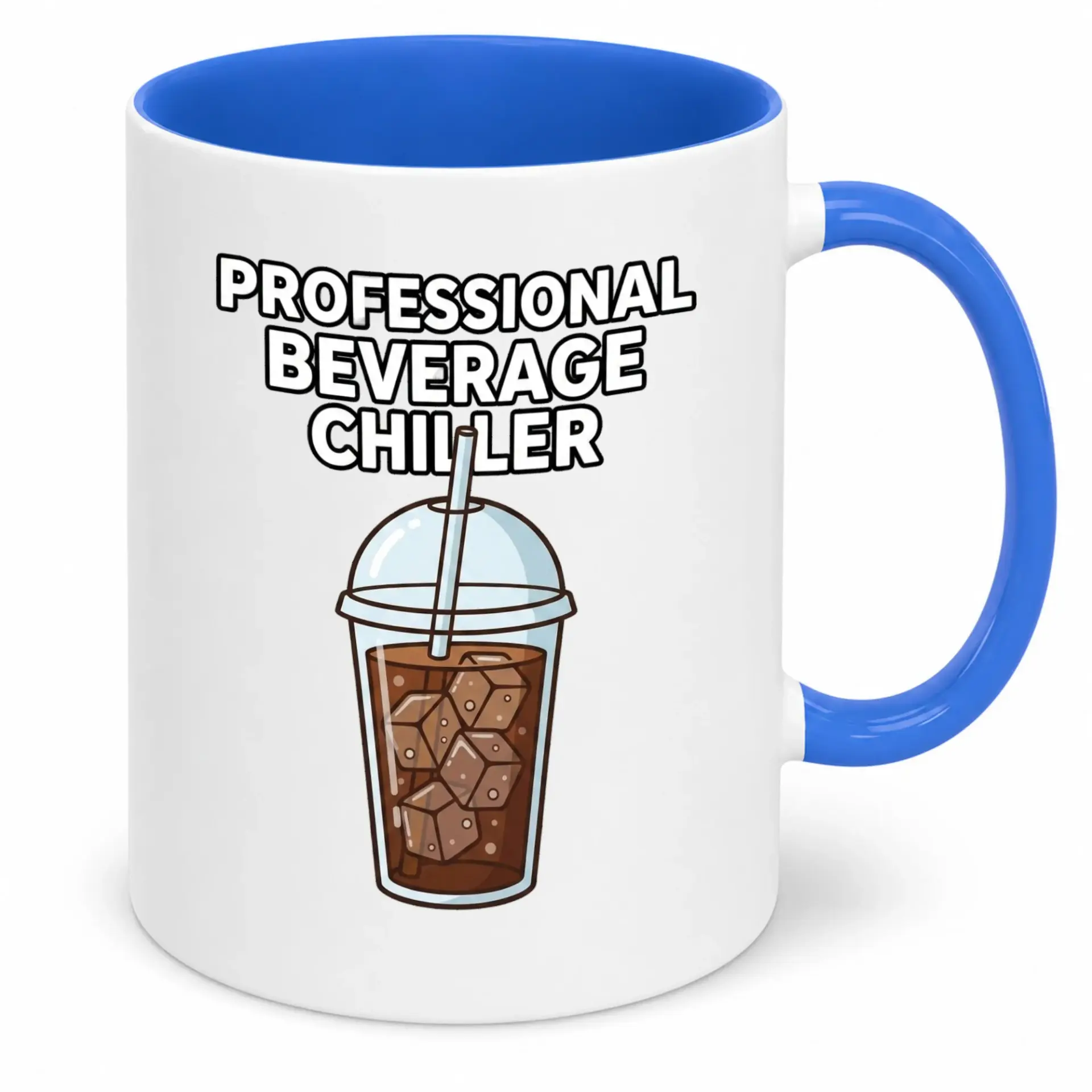 Funny Professional Beverage Chiller Ceramic Coffee Mug, Witty Iced Coffee Design, Two-Tone Blue & White Hot or Cold Drink Cup Gift