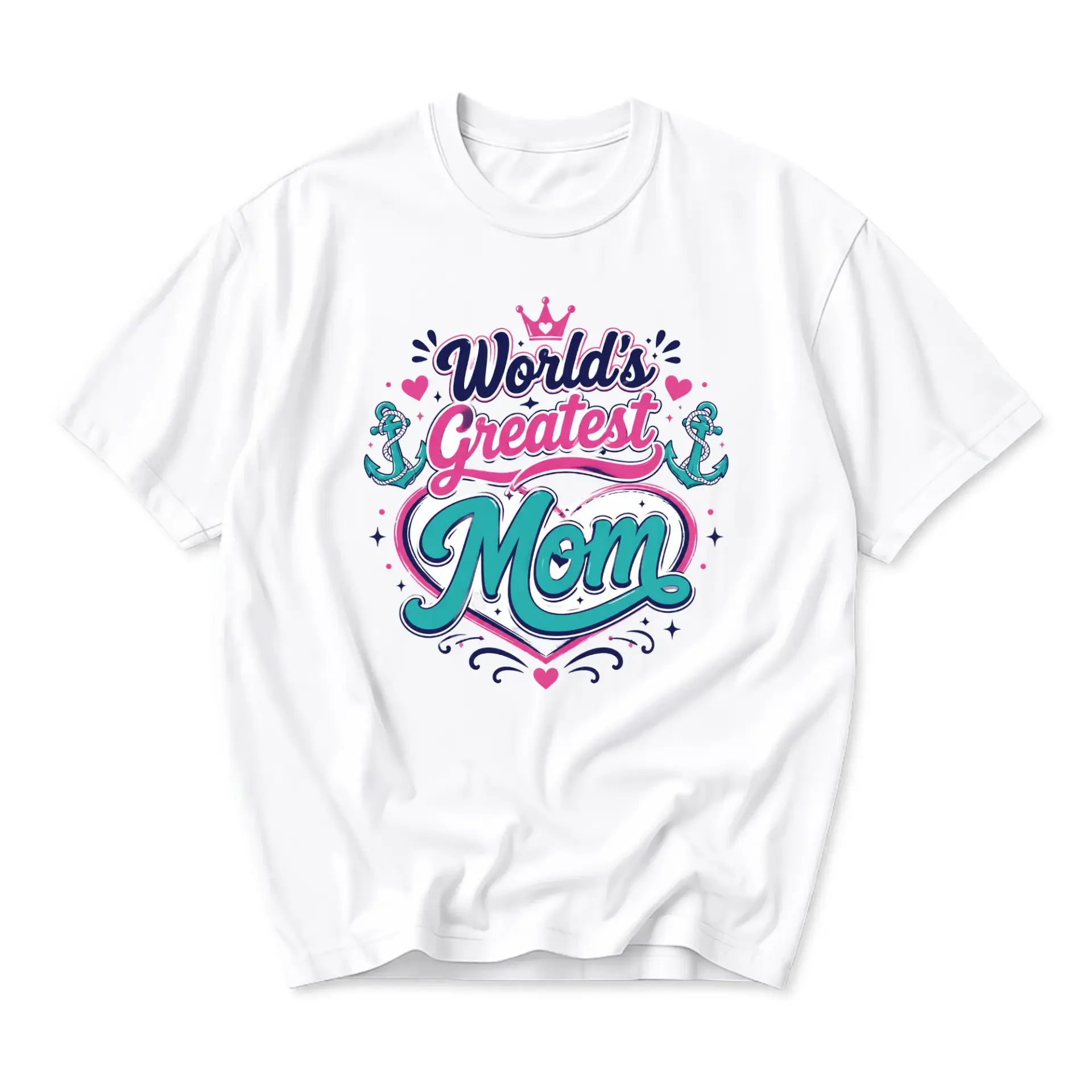 Graphic Tee World's Greatest Mom Nautical Heart Crown Design Unisex Crew Neck Soft Cotton Casual Everyday Short Sleeve